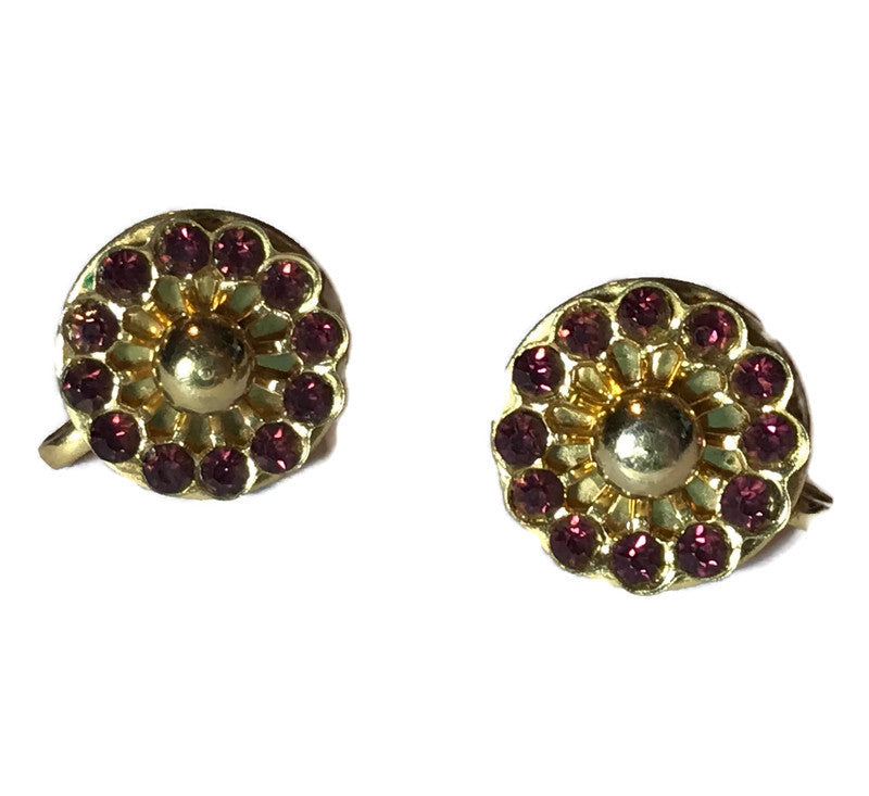 Purple Rhinestone Disc Clip Earrings circa 1940s