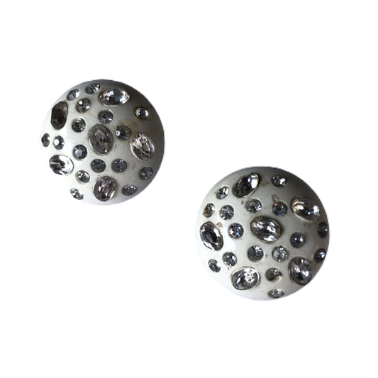 Snow White Domed Thermoset Plastic Clip Earrings with Bold Clear Rhinestones circa 1950s