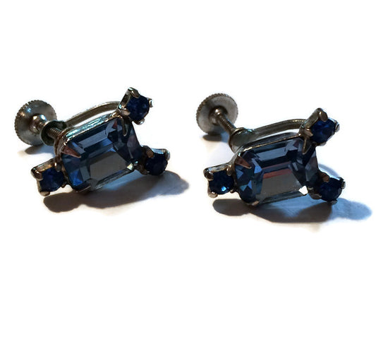 Sky Blue Rhinestone Clip  Earrings circa 1950s