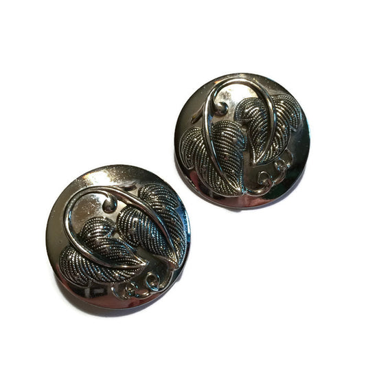Scrolled Leaf Silver Tone Clip Earrings circa 1960s