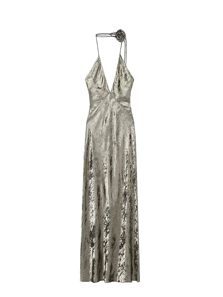 Kiki- the Silver Velvet Body Clinging Disco Dress with Flower