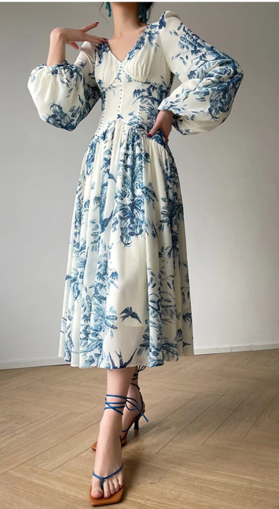 Fleur- the Gunne Style Floral Print Lantern Sleeve Dress