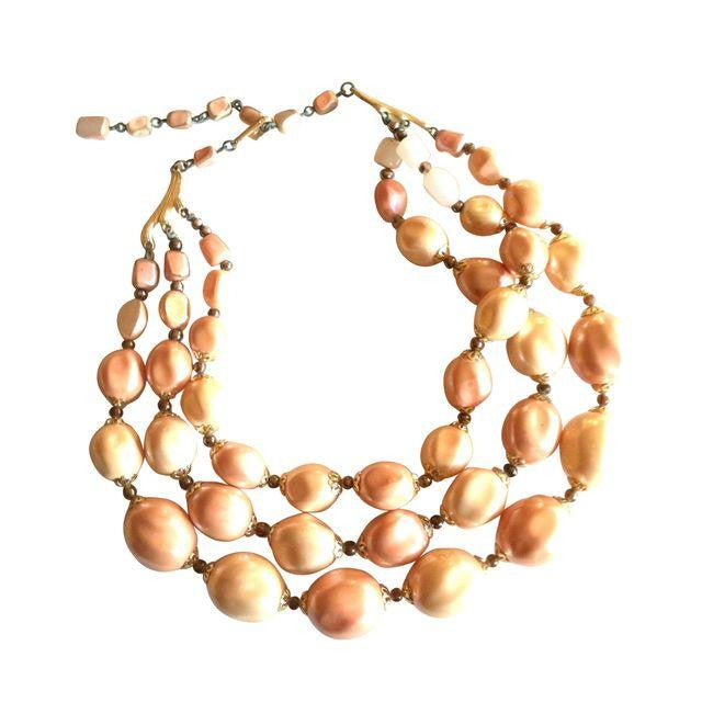 Sandy Hued Pastel Triple Strand Beaded Necklace circa 1960s