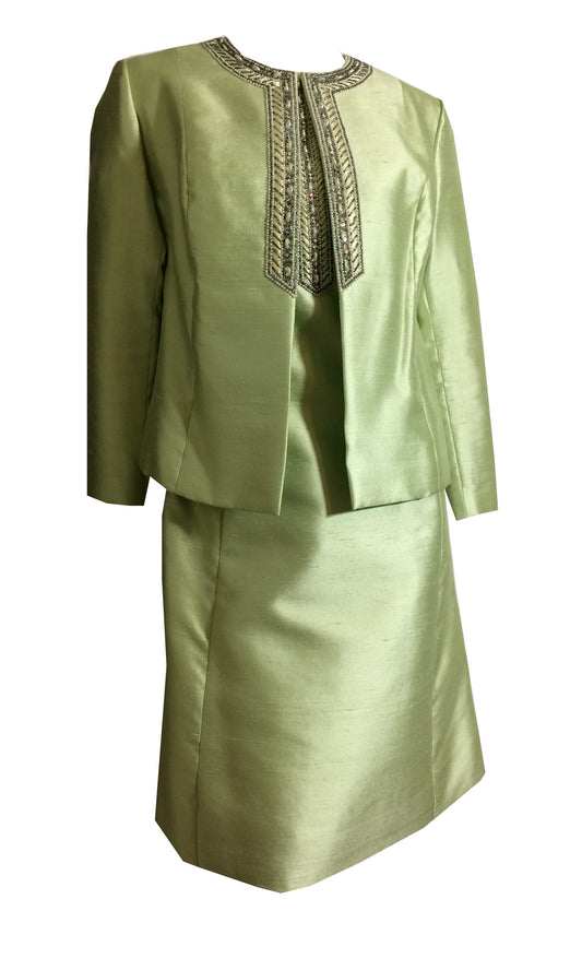 Pistachio Green Slubbed Silk Dress and Jacket with Beading circa 1960s