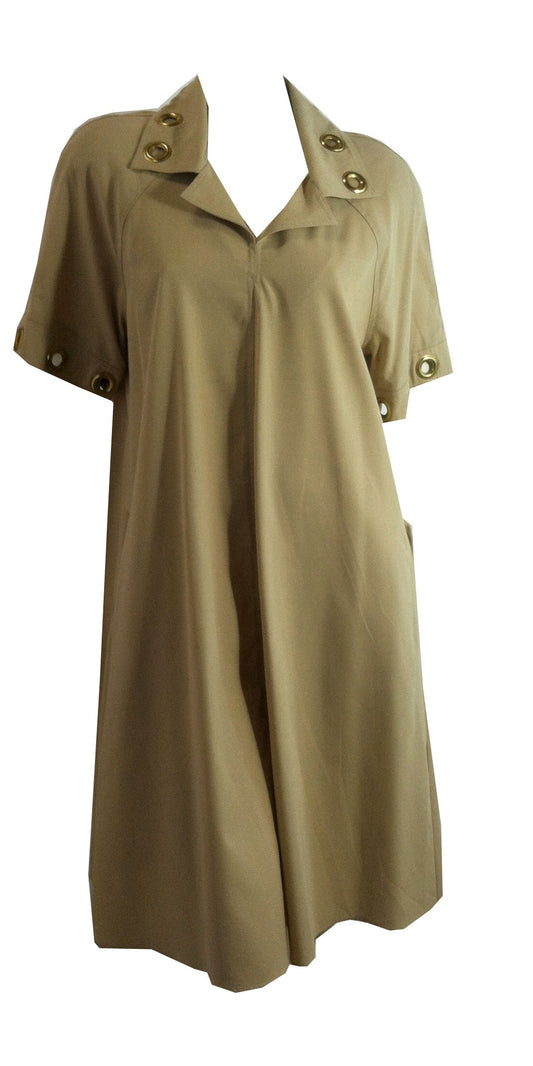 Mega Grommet Trimmed Khaki A-Line Dress circa 1980s