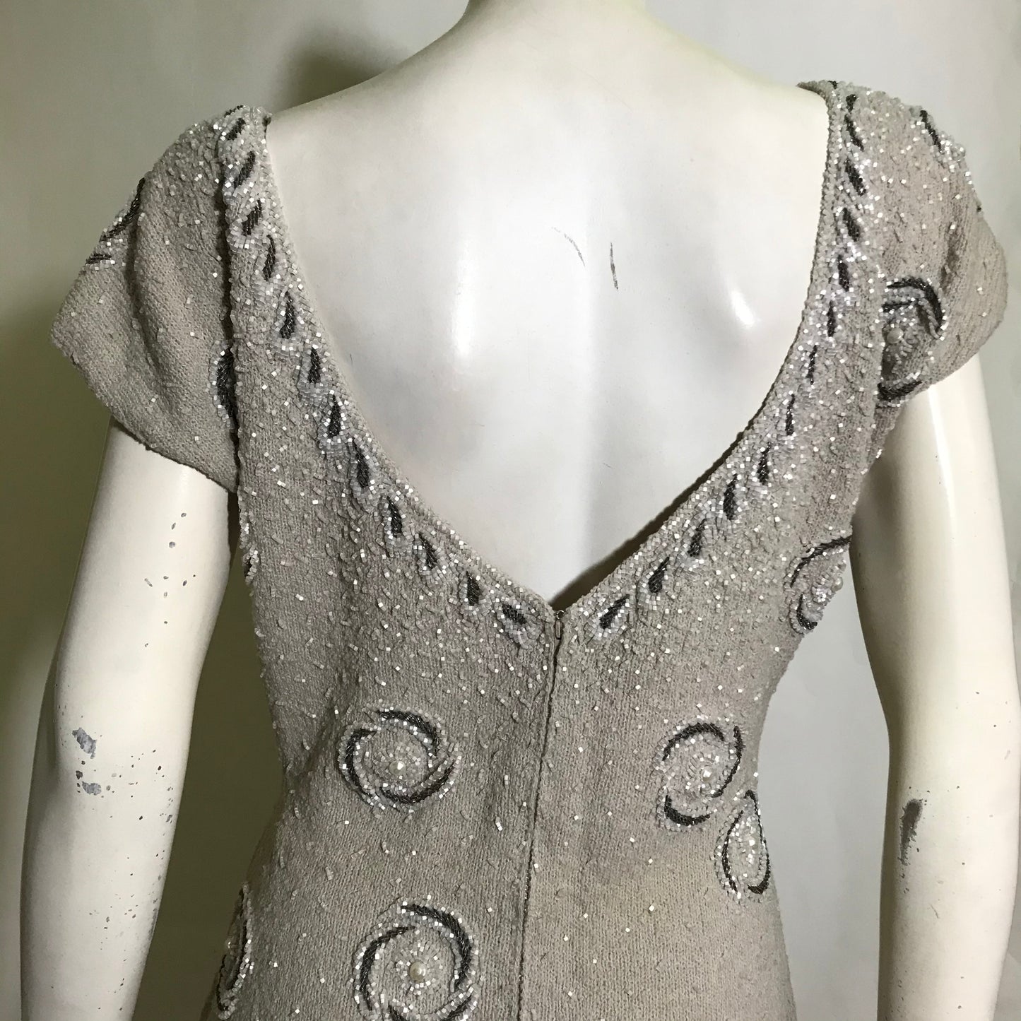 Oyster Wool Glass Beaded Cocktail Dress circa 1960s