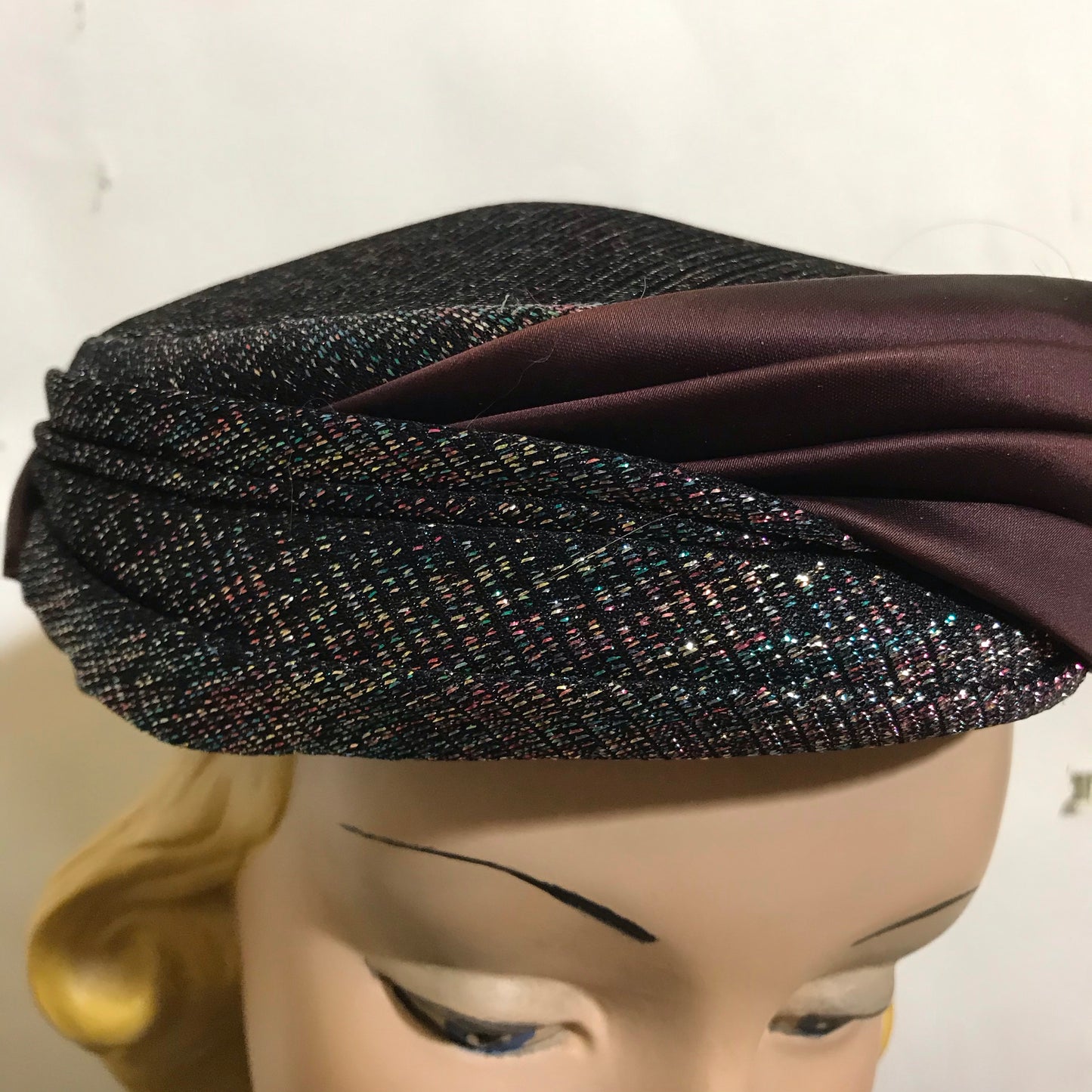 Rainbow Lurex and Bronze Satin Pill Box Hat circa 1960s