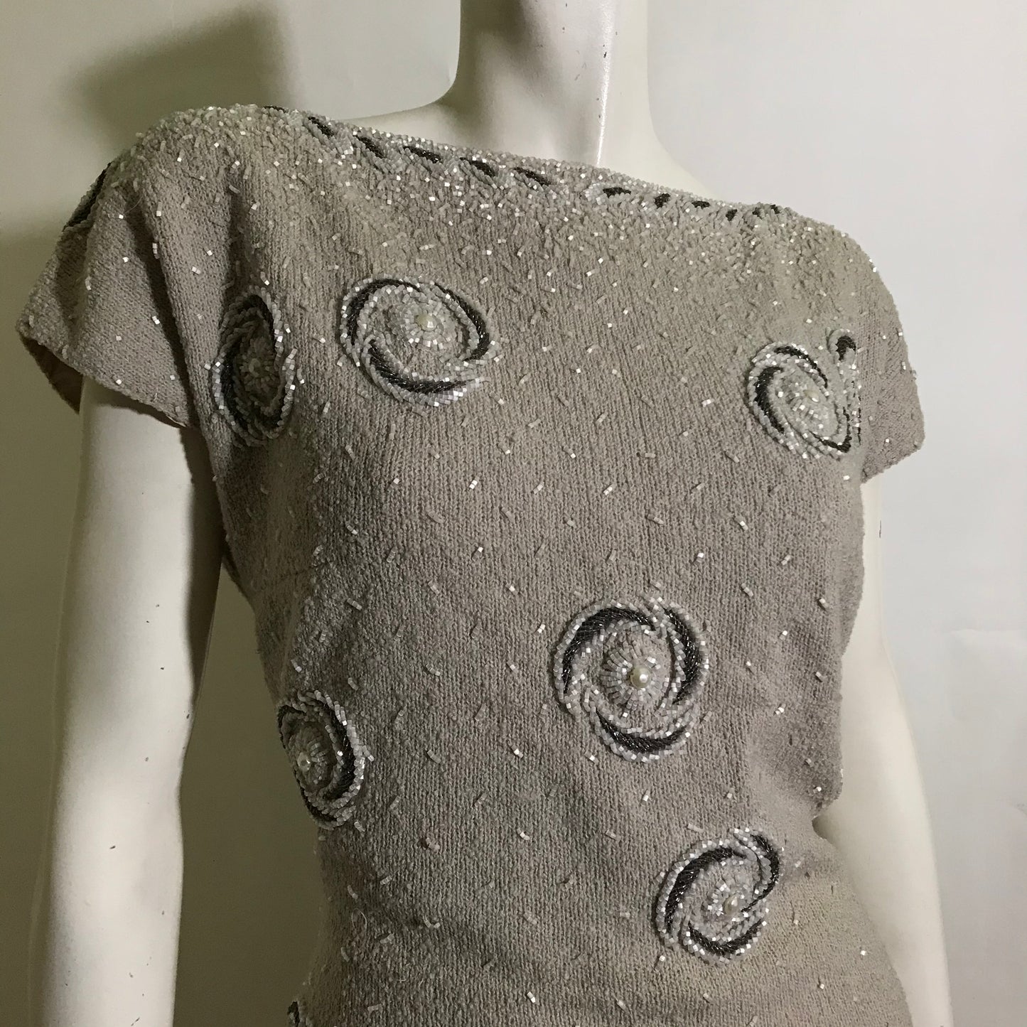Oyster Wool Glass Beaded Cocktail Dress circa 1960s