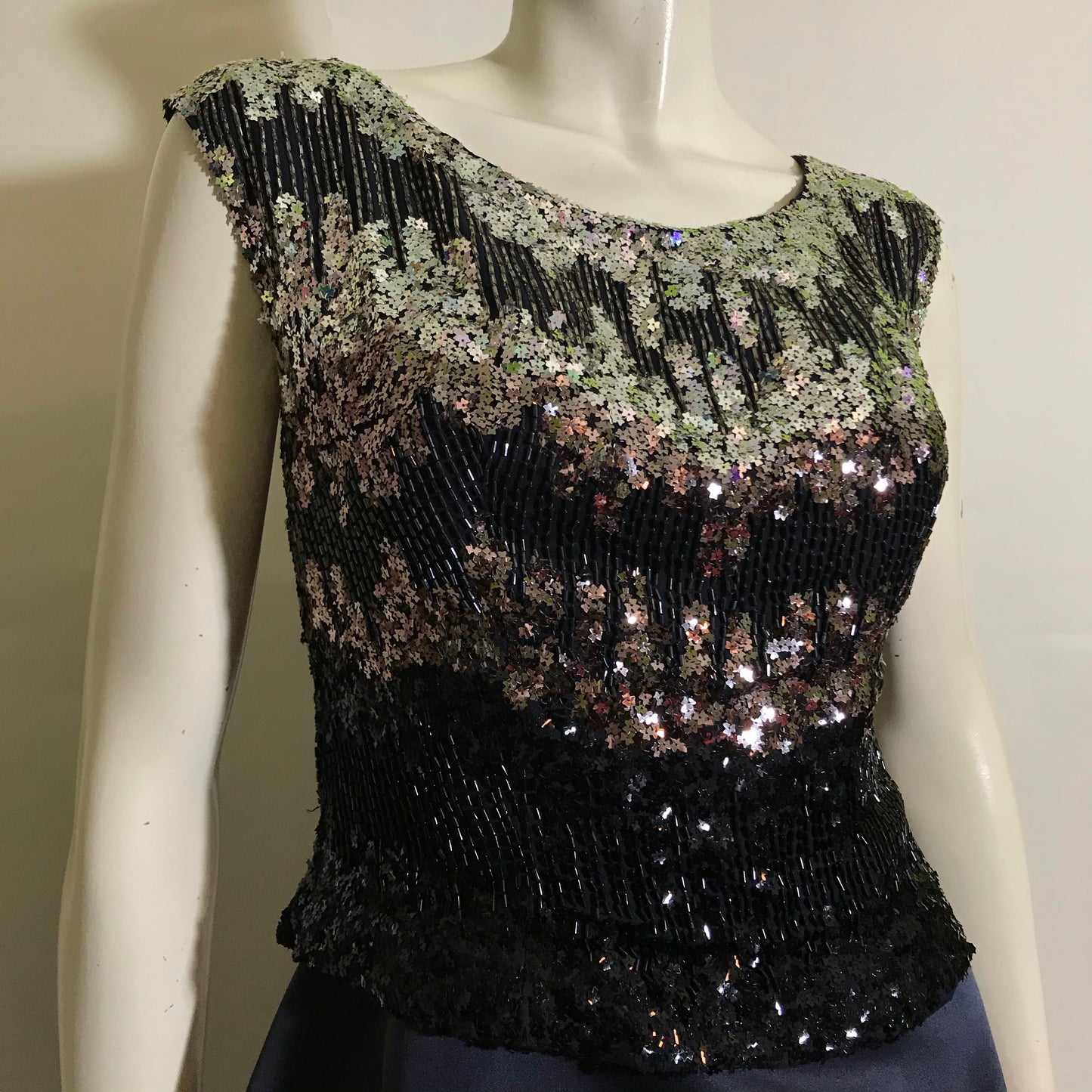 Sparkling Silver Star Sequined Bodice 3 Pc Deep Blue Silk Dress with Jacket circa 1960s
