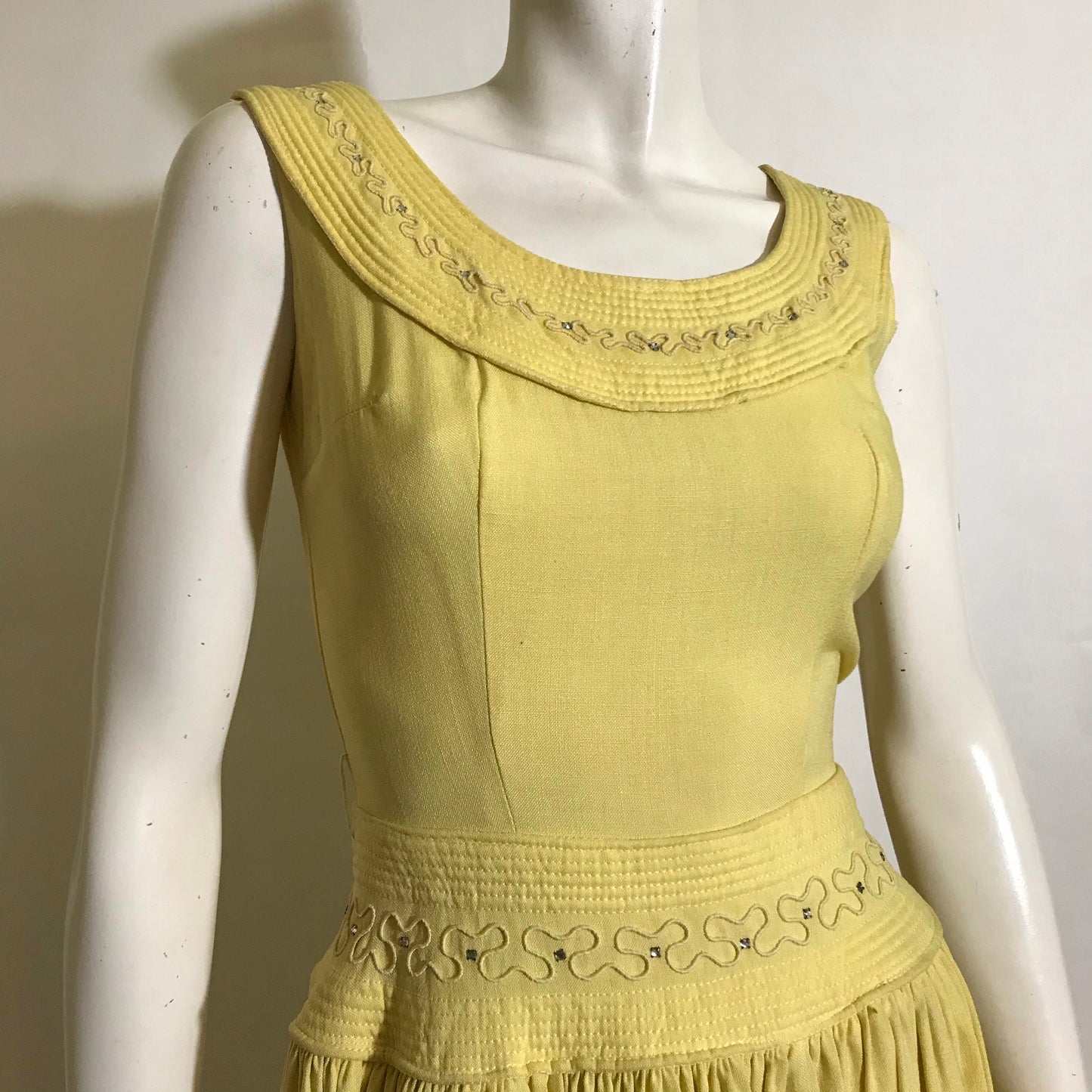 Sunshine Yellow Sleeveless Party Dress with Rhinestones circa 1940s