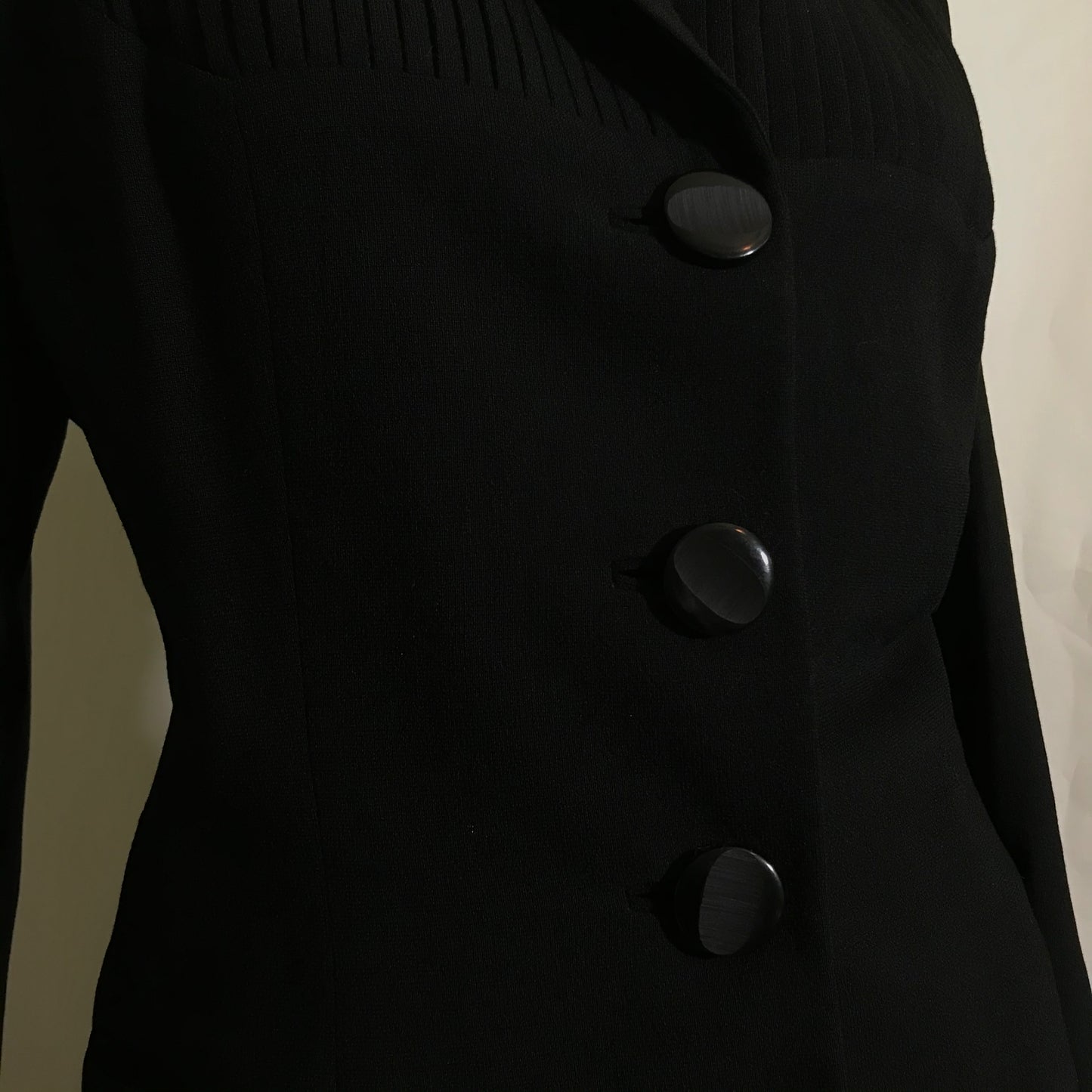 Black Wool Classic Suit with Pleated Accents circa 1950s