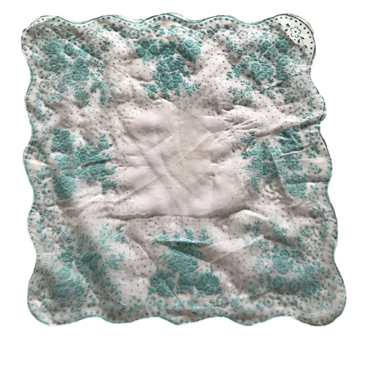 White Nylon Scalloped Edge Aqua Flocked Design circa 1950s