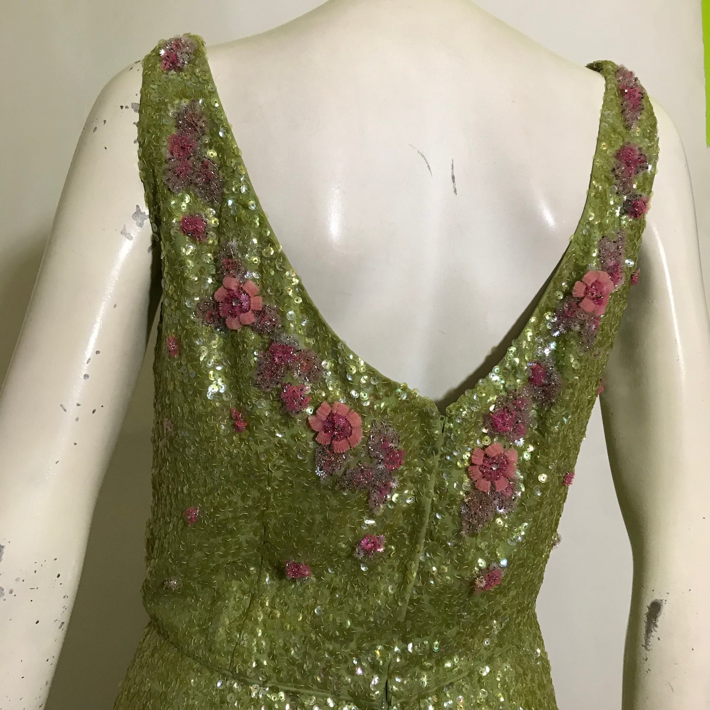 Chartreuse Glam Sequined Cocktail Dress with 3-D Pink Floral Accents circa 1960s