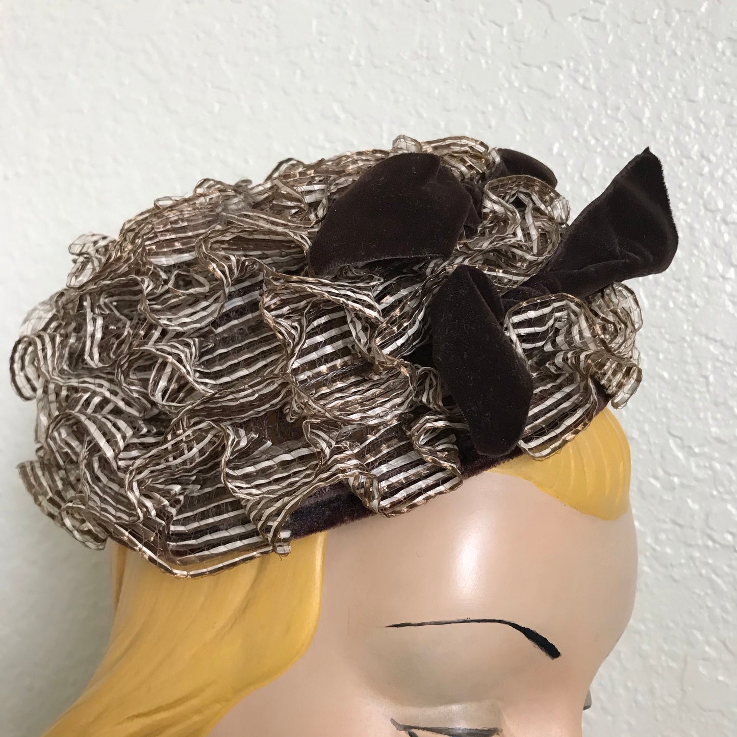 Sculpted Cocoa and White Sisal Whimsy Cap with Velvet Bow circa 1960s Lilly Daché