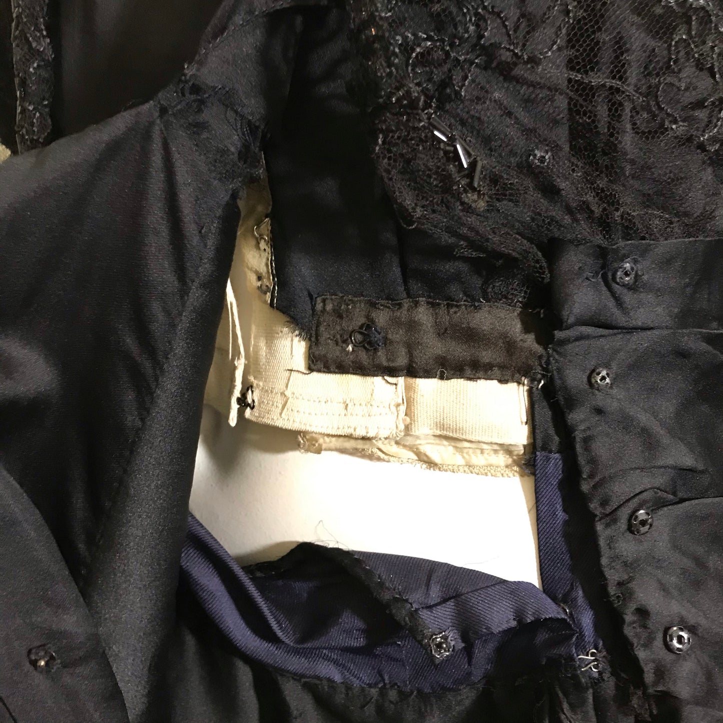 Elaborate Ink Black Silk Formal Dress with Beading Lace and Long Fringe circa 1910s