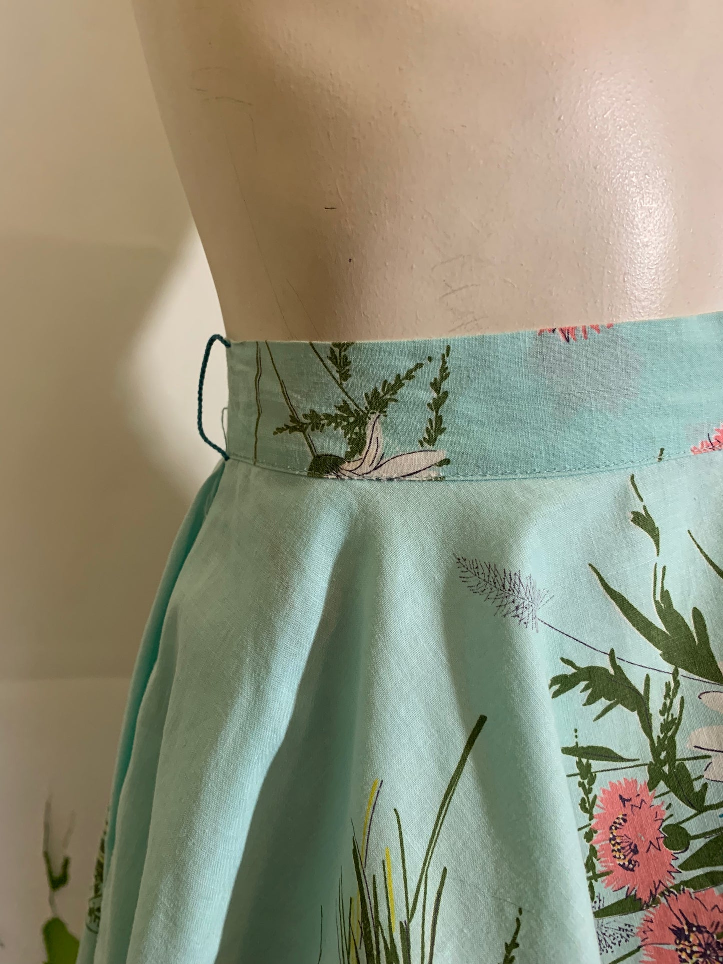 Wildflower Bouquet Print Sky Blue Circle Skirt circa 1950s