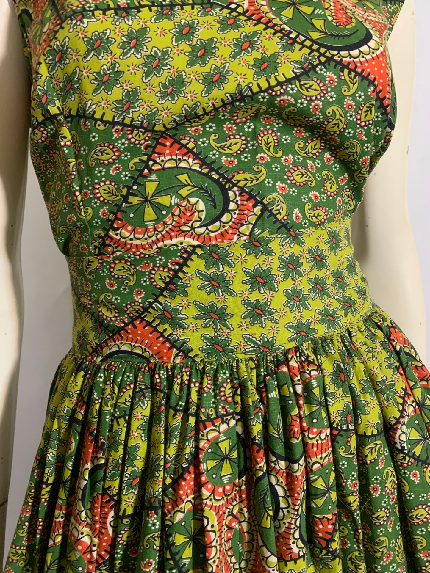 Green and Red Paisley and Patchwork Print Cotton Full Skirt 2 Pc Dress Set circa 1950s