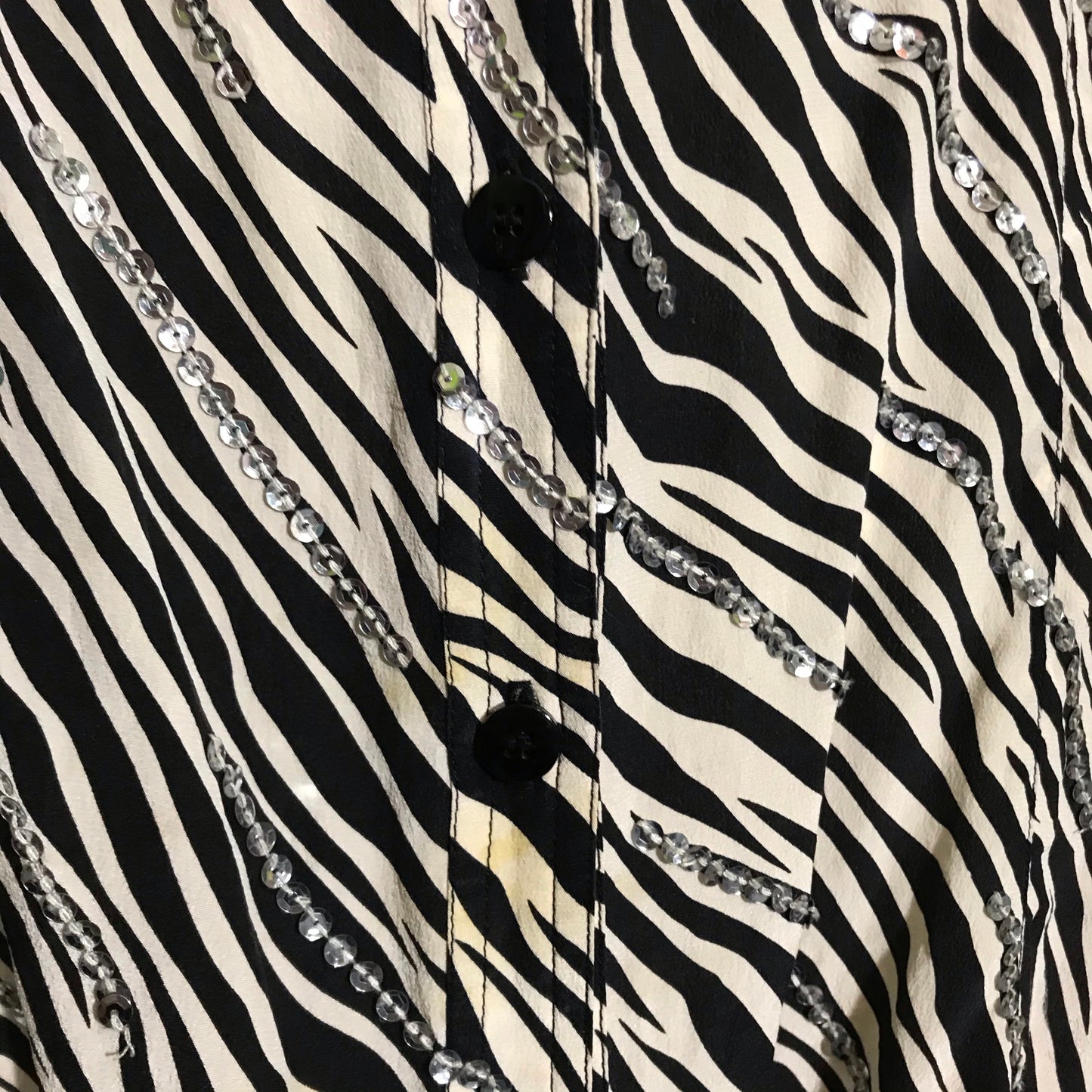 Chic Zebra Striped Silk Swing Cut Blouse with Sequins circa 1990s