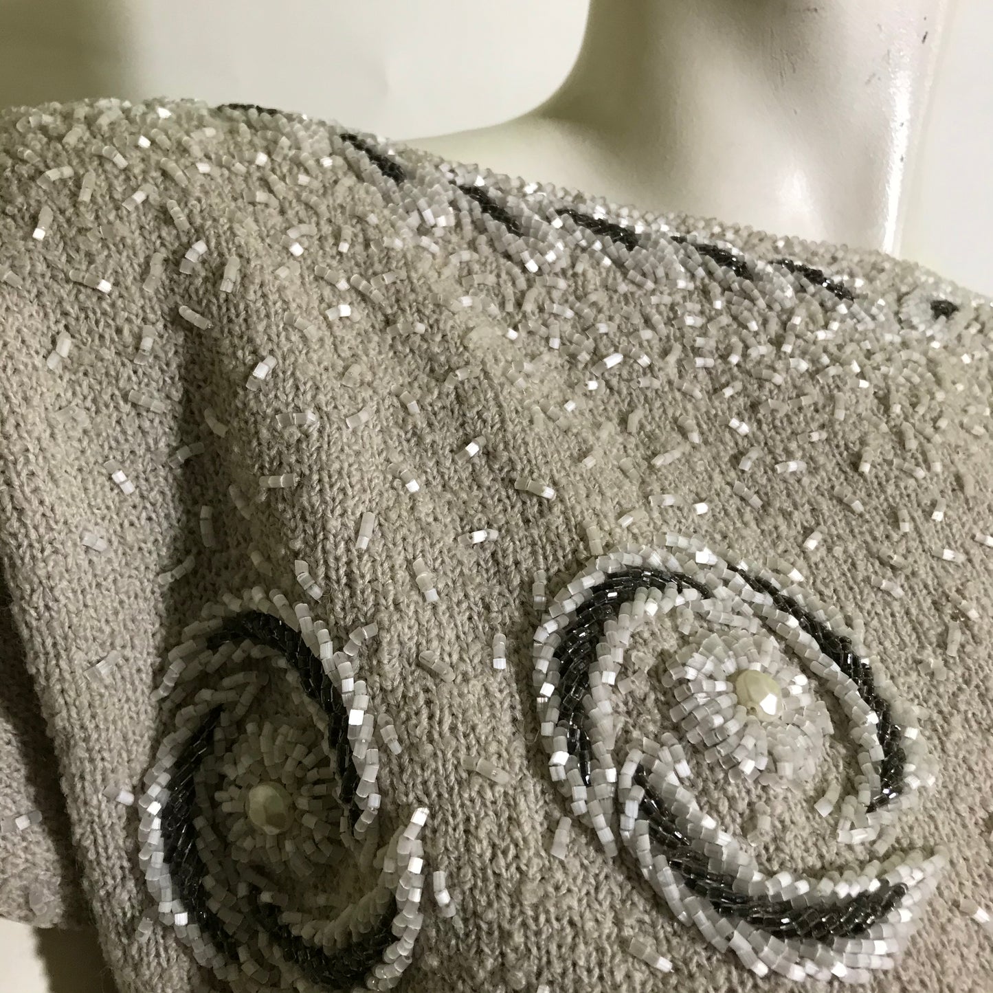 Oyster Wool Glass Beaded Cocktail Dress circa 1960s