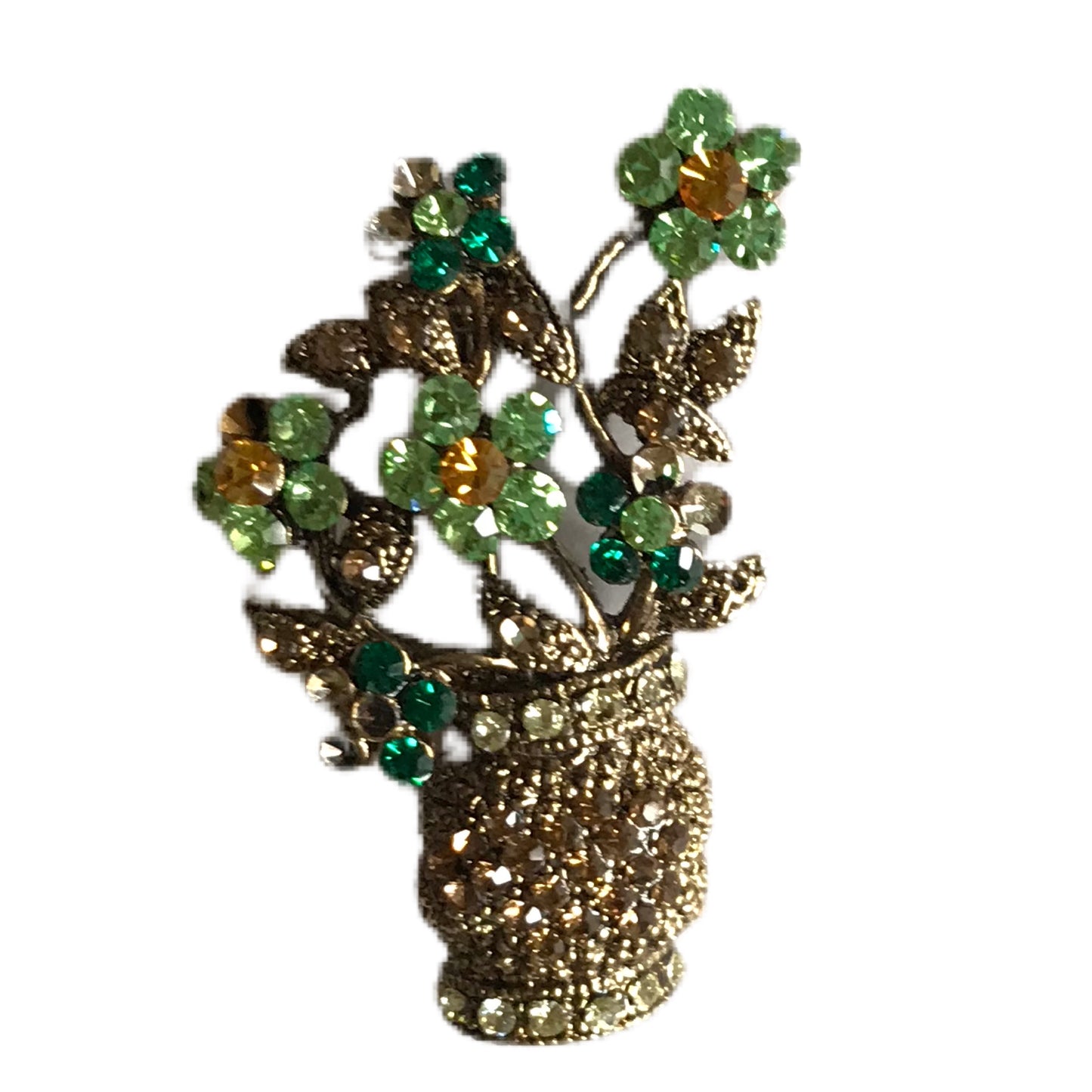 Bright Green Rhinestone Flowers in a Vase Brooch circa 1990s