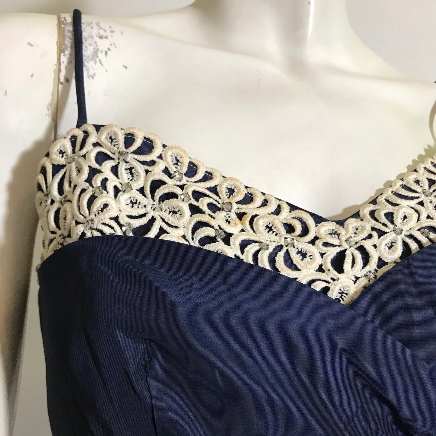 Rhinestone Button Trimmed Deep Blue Taffeta Cocktail Dress with Swagged Skirt circa 1940s