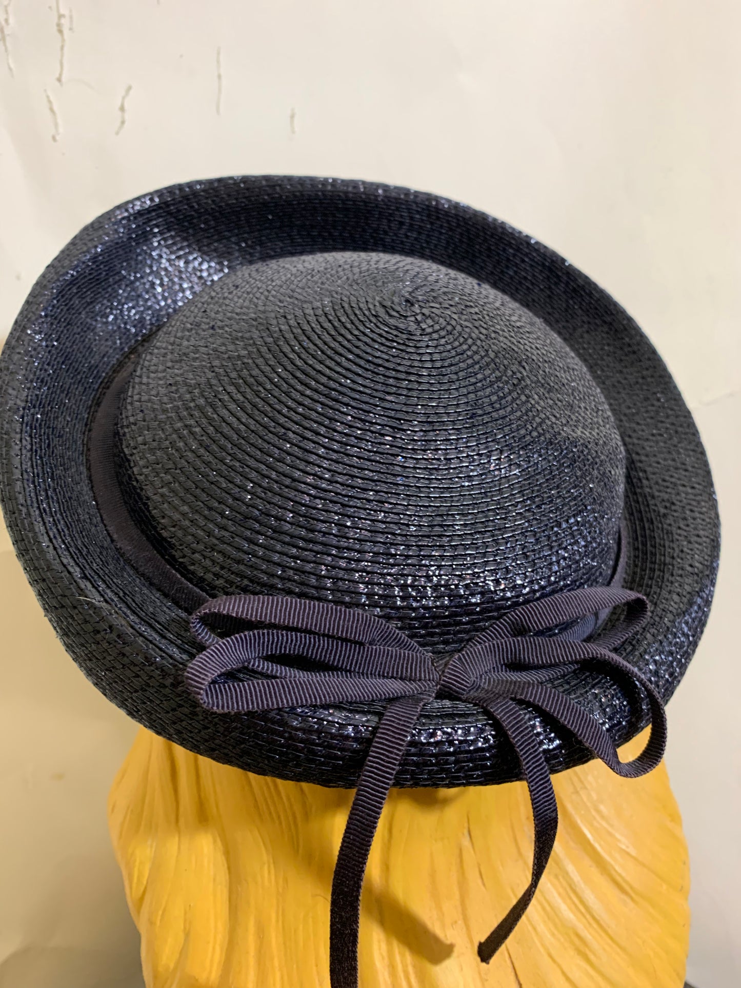 Deep Blue Glossy Sisal Rounded Hat with Bow Back circa 1960s
