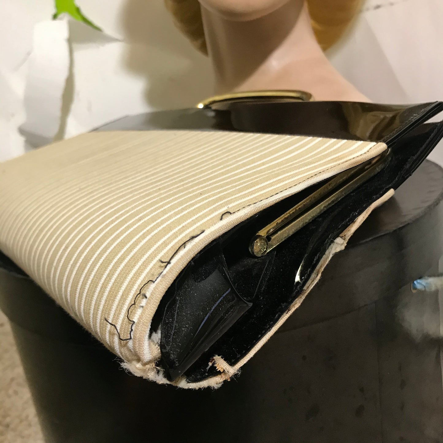 Stylish Tan and White Striped Fabric Hat and Handbag with Black Patent Vinyl Trim circa 1960s