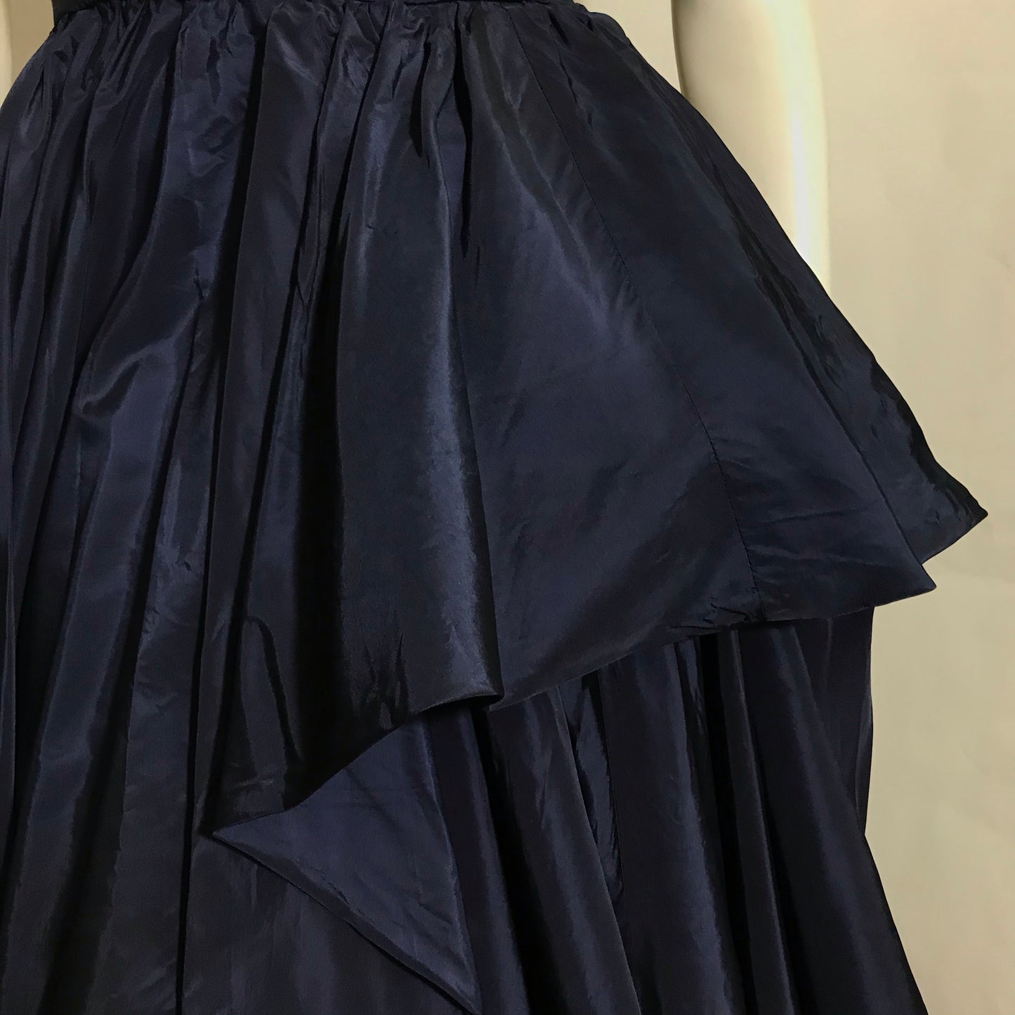 Rhinestone Button Trimmed Deep Blue Taffeta Cocktail Dress with Swagged Skirt circa 1940s