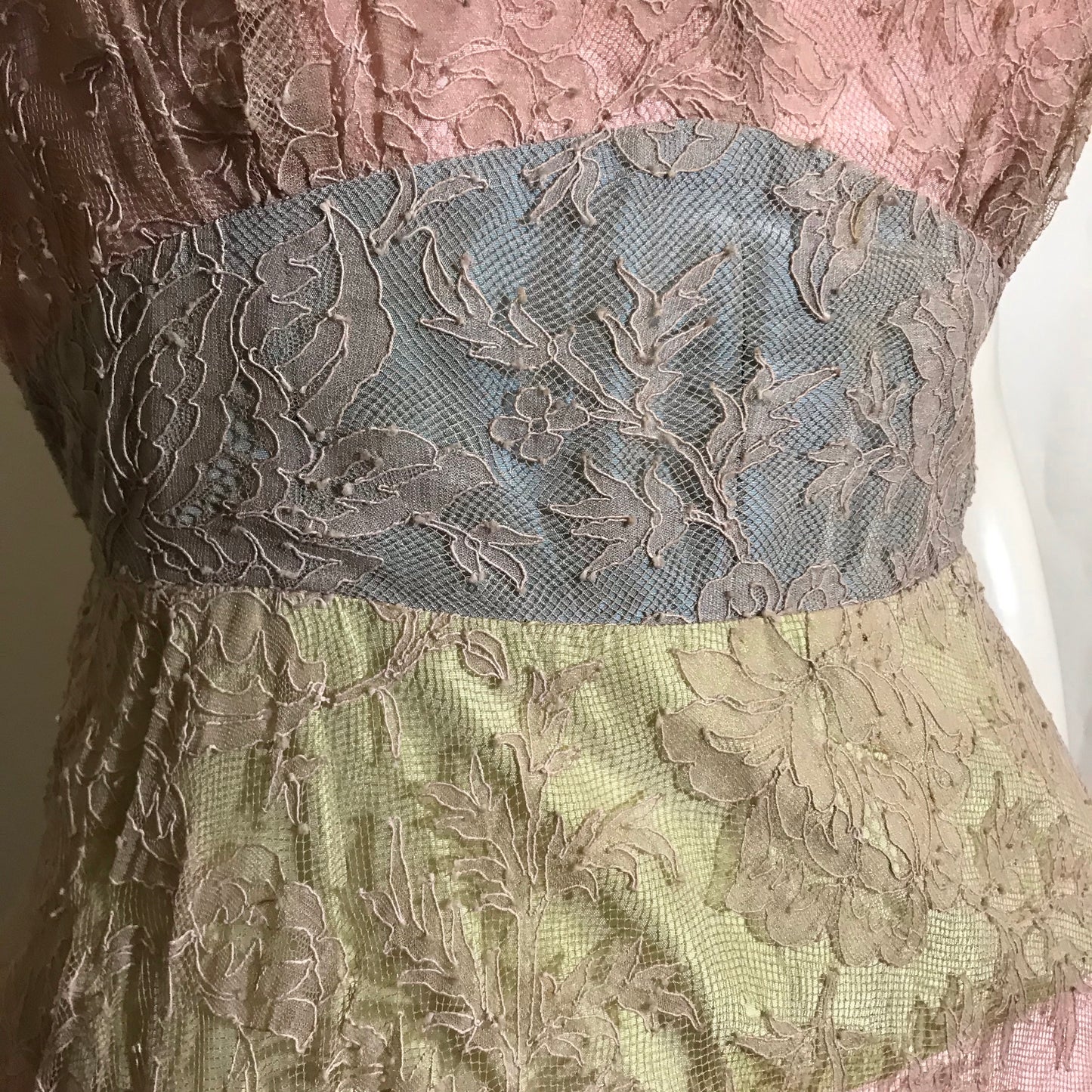 Shades of Sherbet Taffeta Evening Gown with Lace Overlay circa 1940s