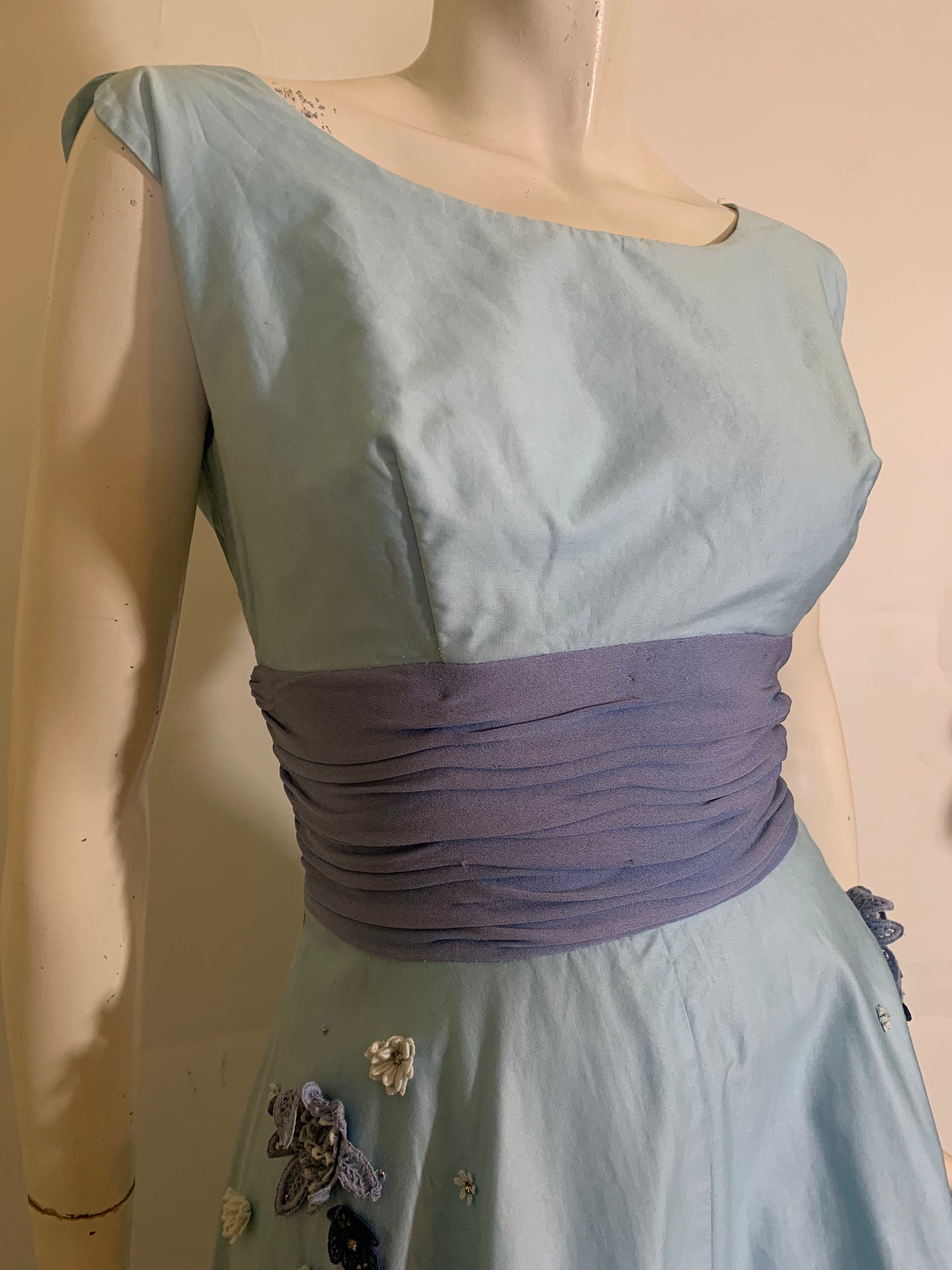 RESERVED Baby Blue Cotton Sleeveless Dress Lace and Rhinestone Accents circa 1960s