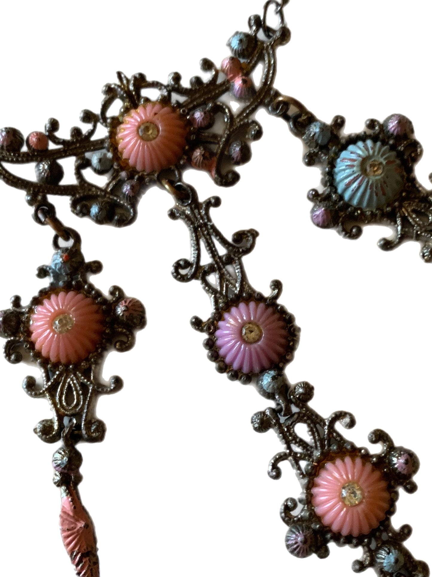 Pastel Enameled Gunmetal Necklace with Rhinestones circa 1890