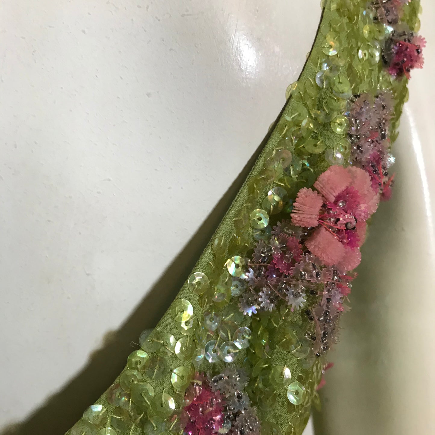 Chartreuse Glam Sequined Cocktail Dress with 3-D Pink Floral Accents circa 1960s