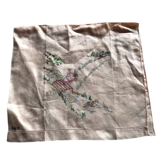 Peachy Cotton Pastoral Scene Embroidered Handkerchief circa 1940s