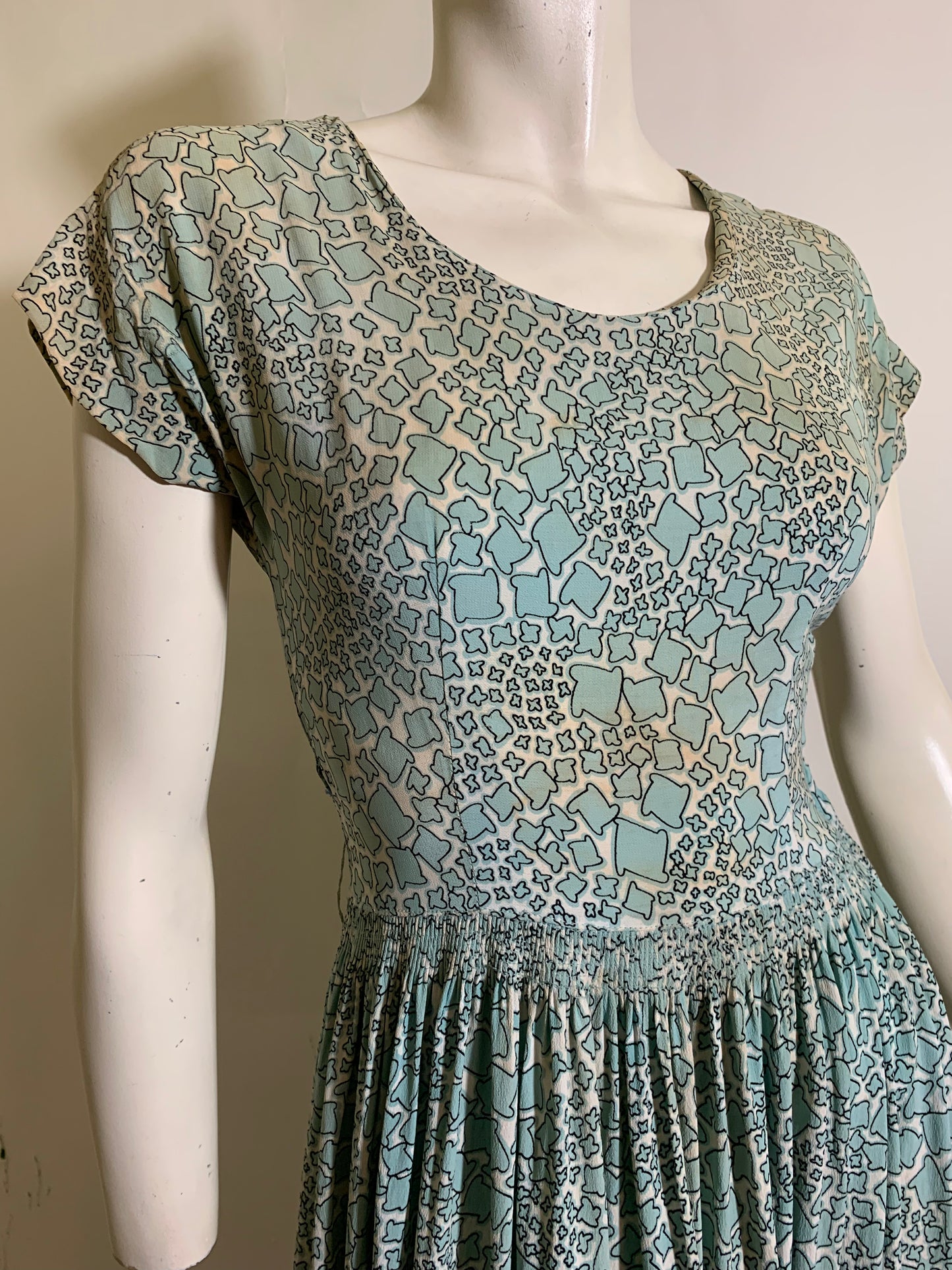 Mosaic Print Turquoise Print Dress circa 1940s