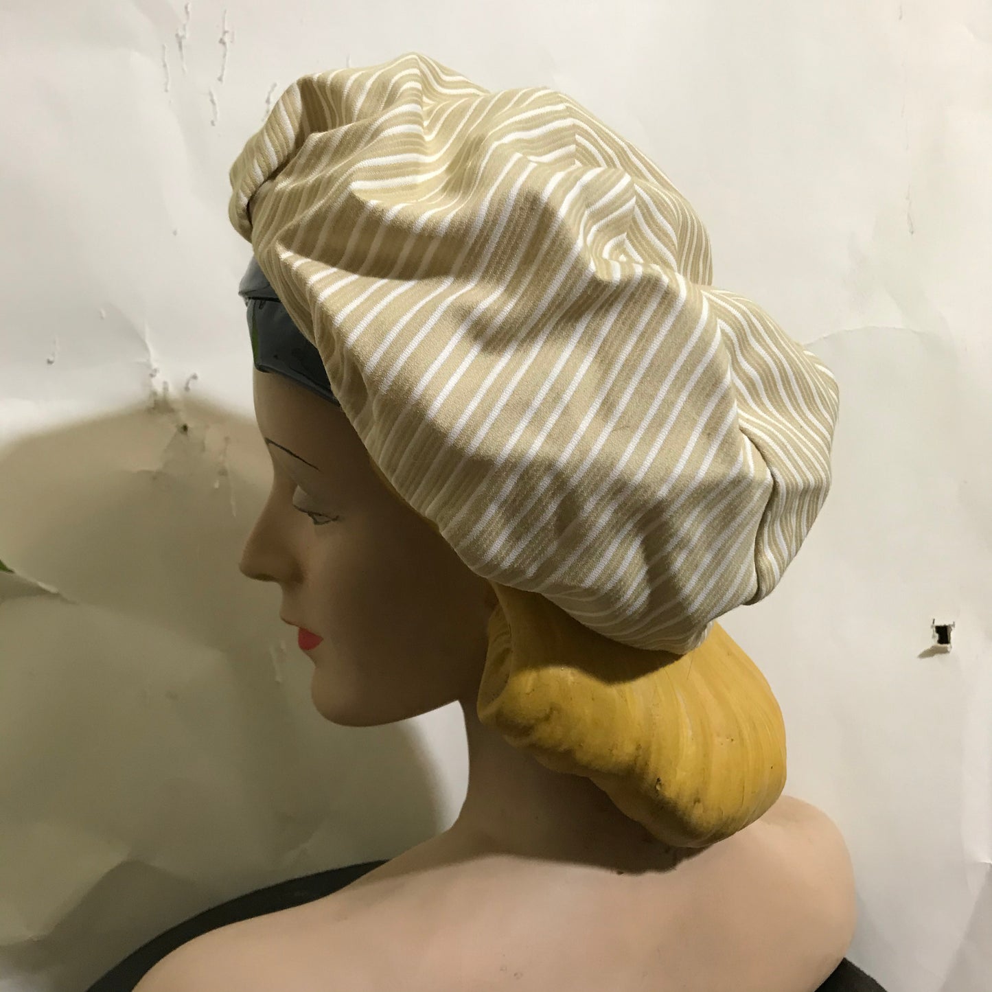 Stylish Tan and White Striped Fabric Hat and Handbag with Black Patent Vinyl Trim circa 1960s