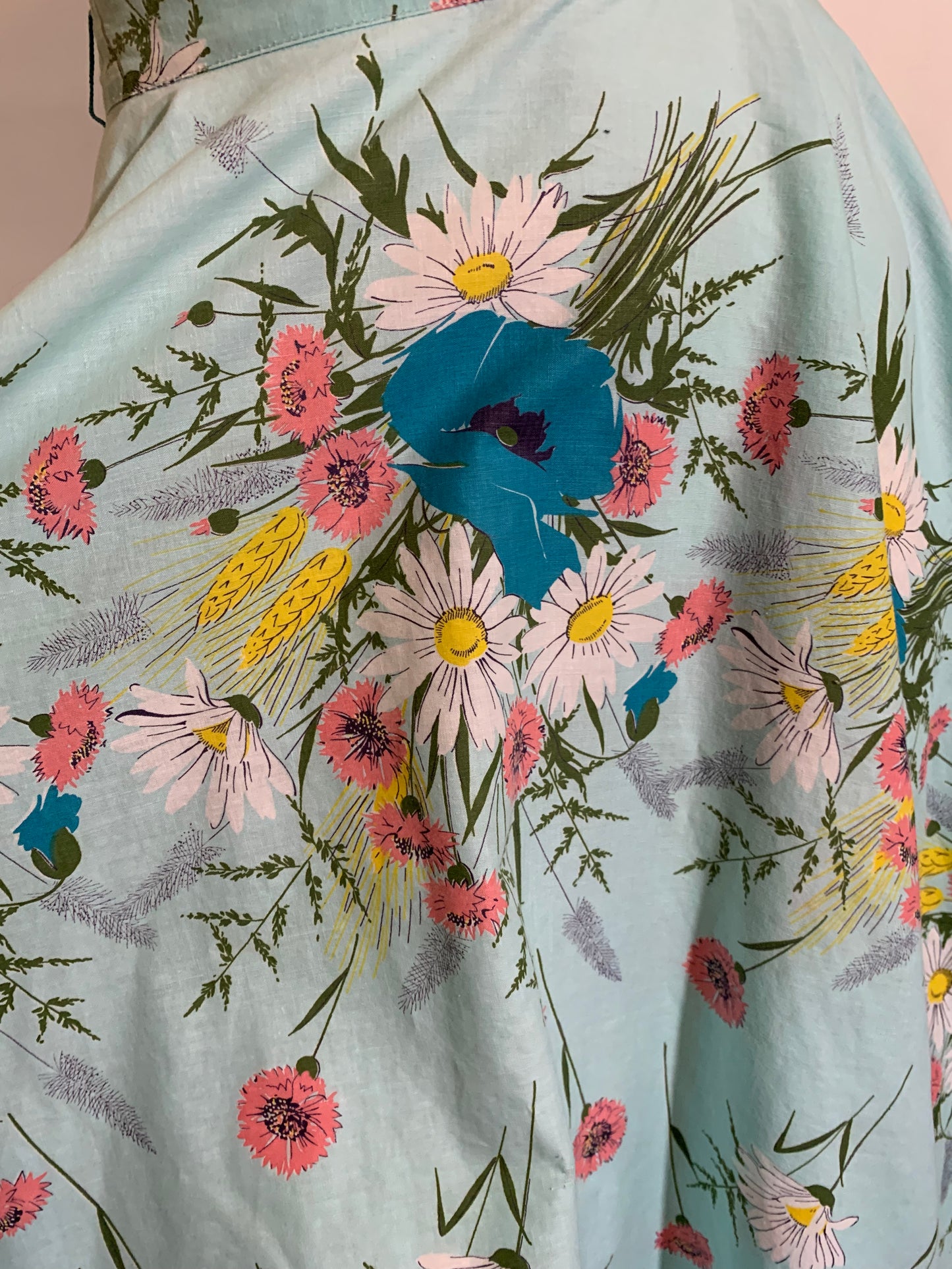 Wildflower Bouquet Print Sky Blue Circle Skirt circa 1950s