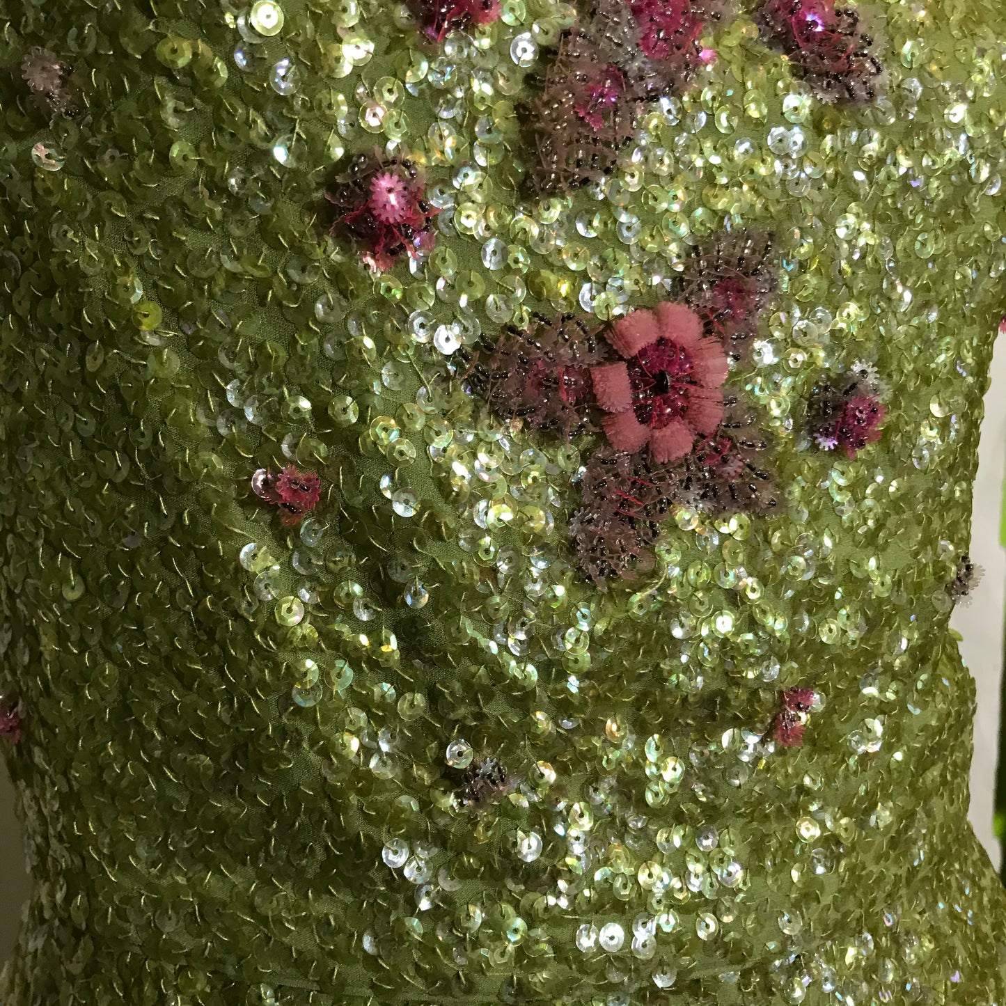 Chartreuse Glam Sequined Cocktail Dress with 3-D Pink Floral Accents circa 1960s