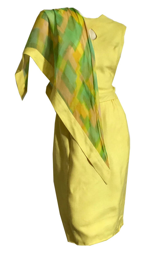 Lemony Yellow Sleeveless Dress with Keyhole Neckline and Scarf circa 1960s