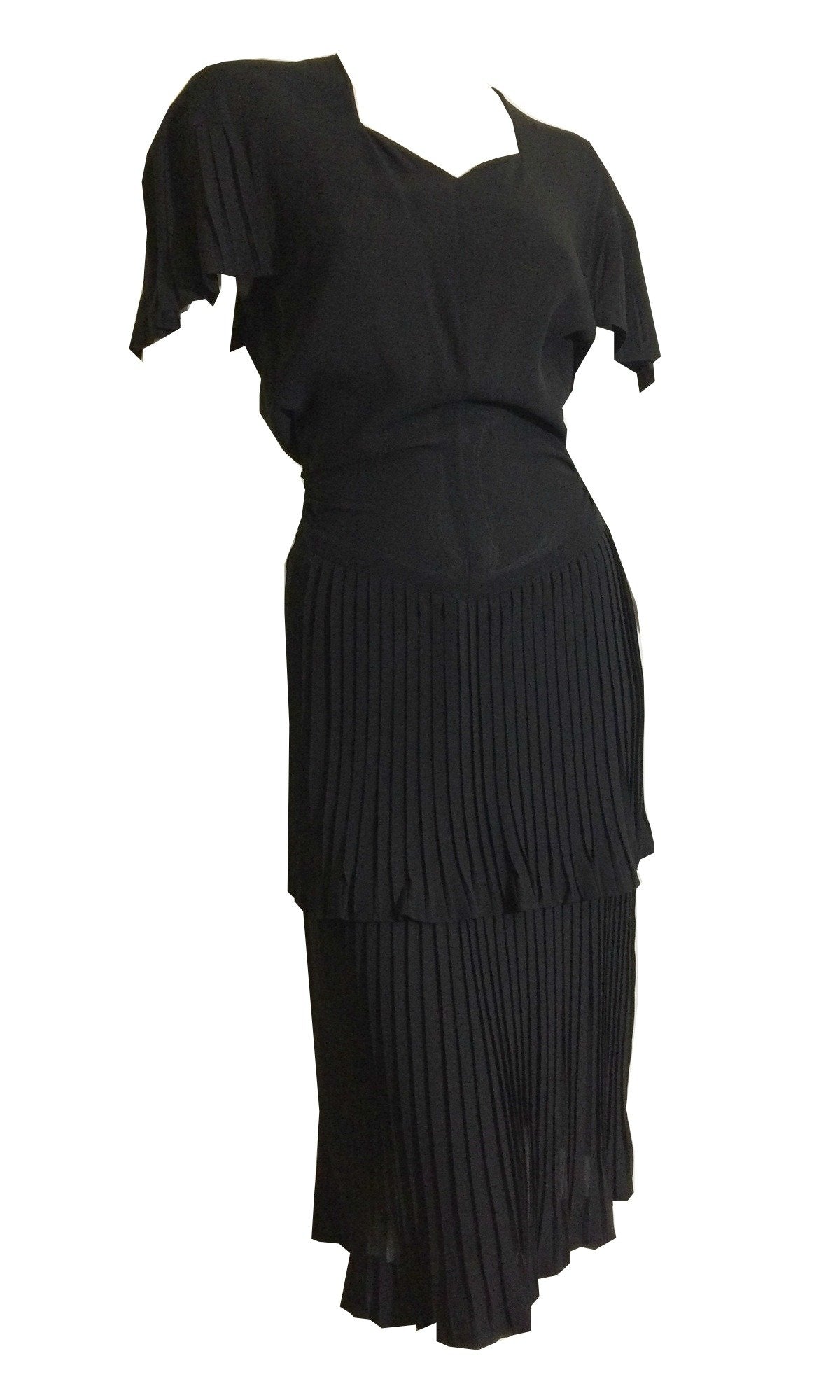 Pretty Pleated Black Tiered Skirt Cocktail Dress circa 1940s