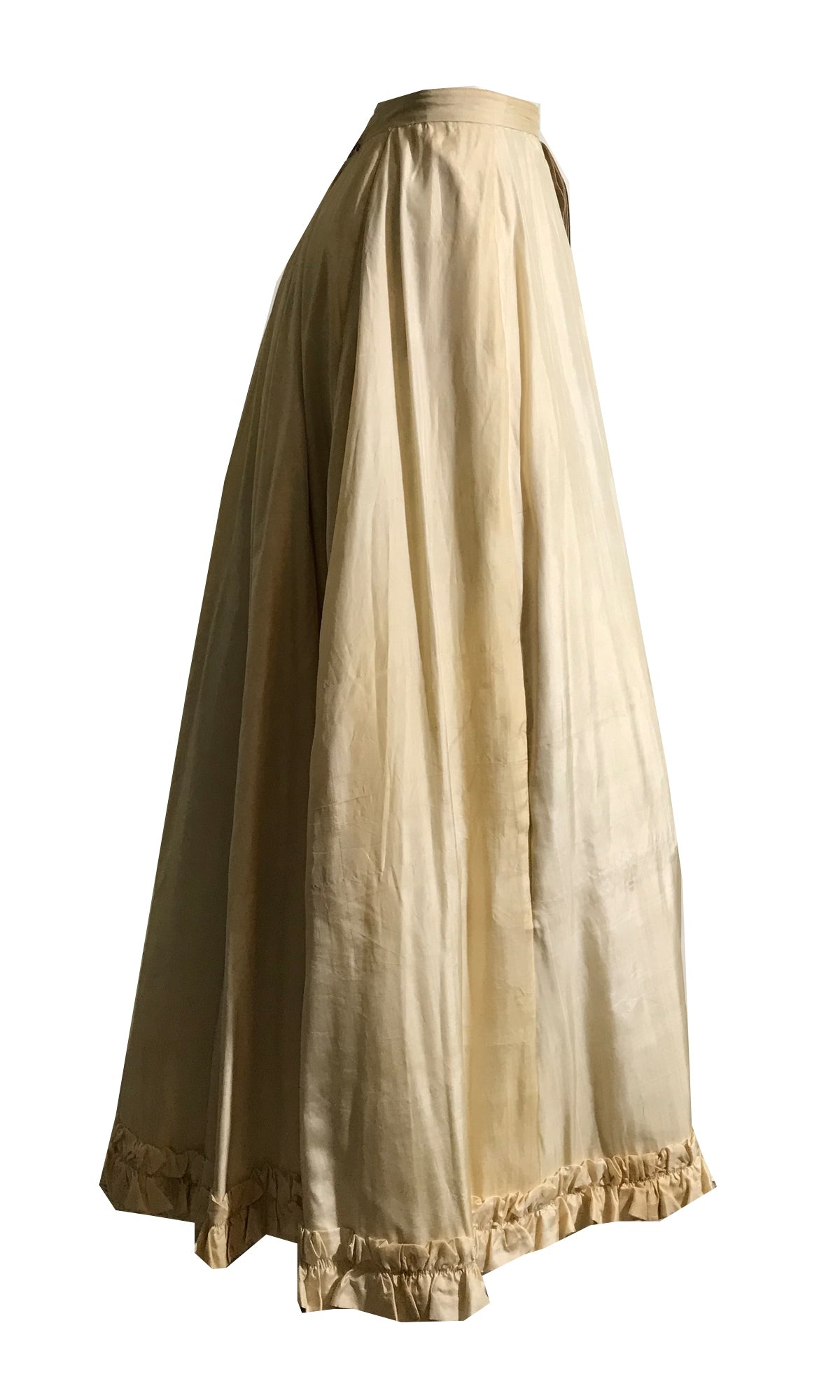 Ivory Silk Ruffled Hem Full Length Skirt with Pale Grey Wide Ribbon Trim circa 1890s