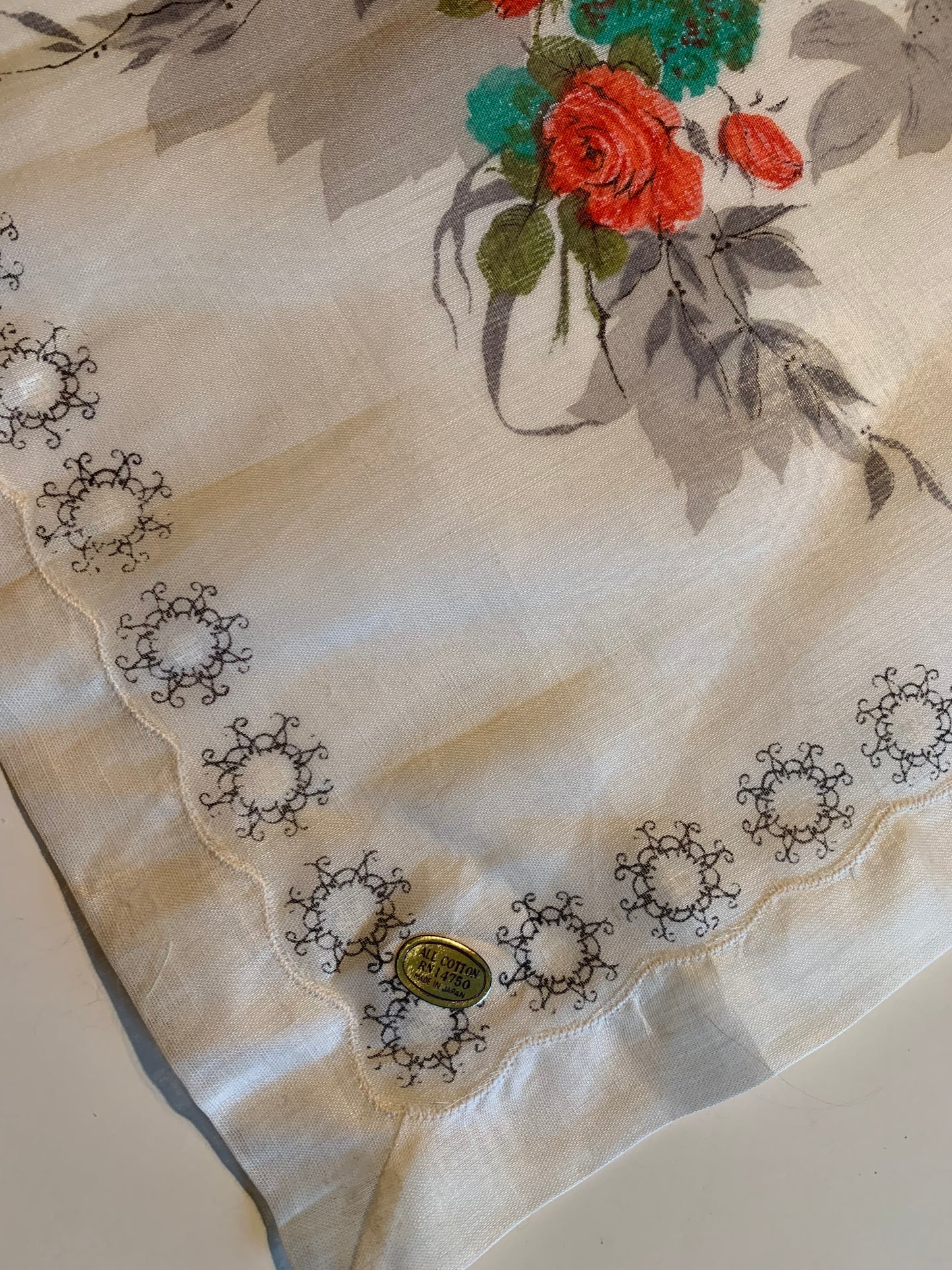 Hand Painted Lilies and Roses Floral Print Handkerchief circa 1950s