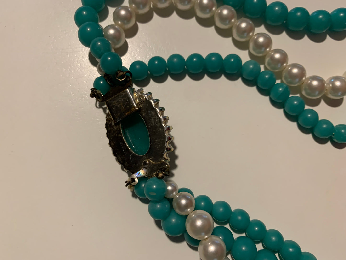 Bright Seafoam Green and Faux Pearl Triple Strand Necklace circa 1960s