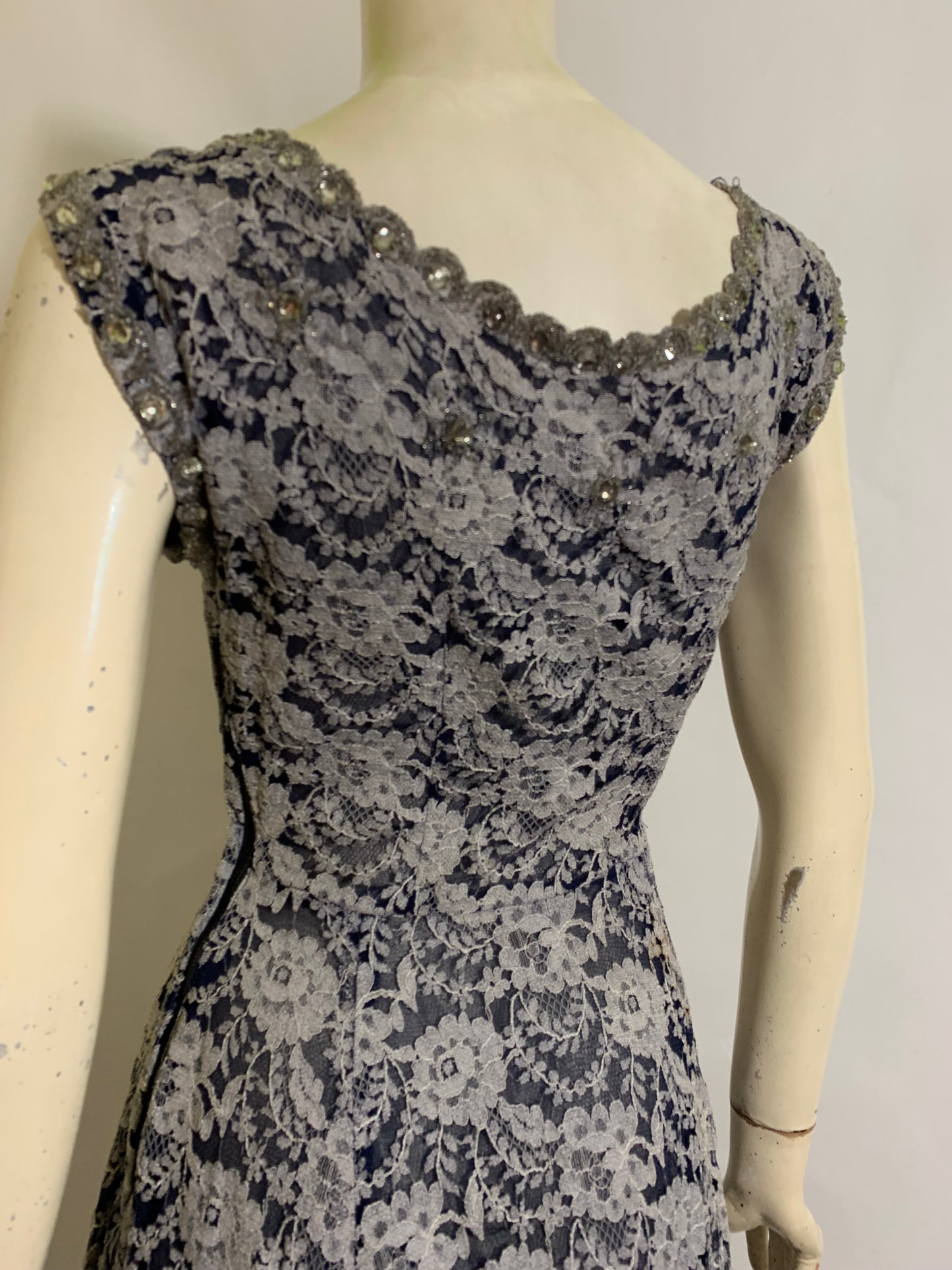 Deep Blue and White Lace Full Skirt Party Dress with Beading and Rhinestones circa 1950s