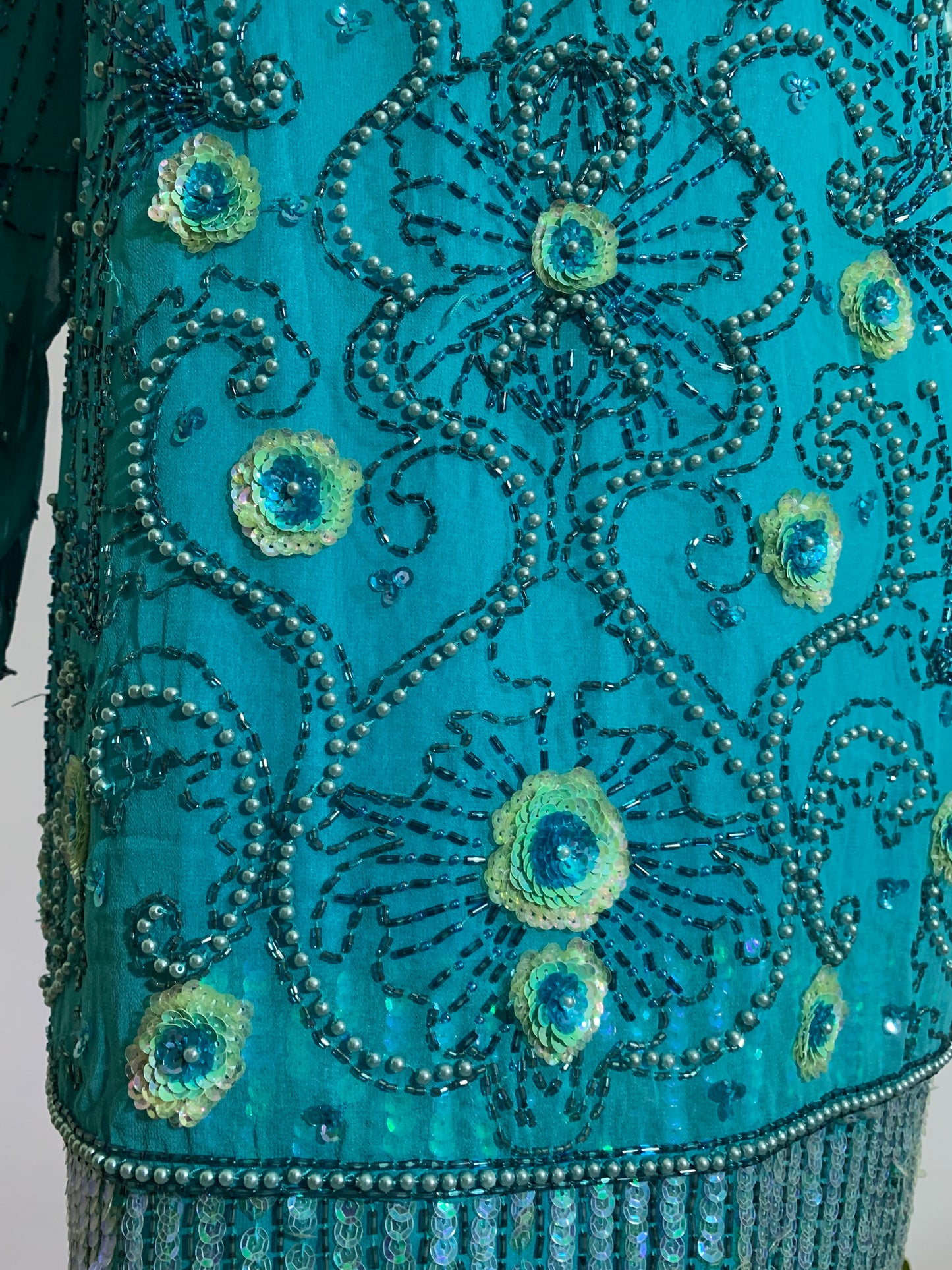 Turquoise Silk 1920s Inspired Sequined and Beaded Dress circa 1980s