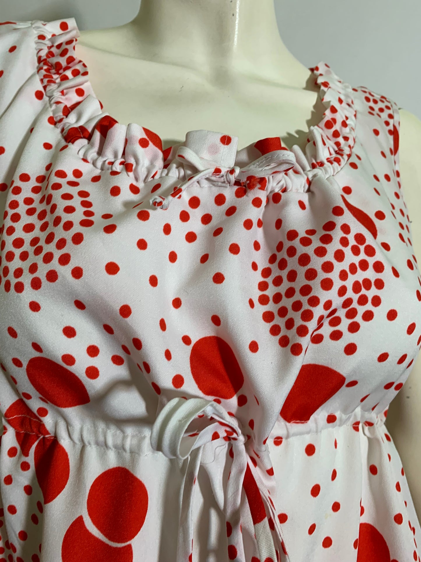Candy Dot Red and White Ruffled Neckline Empire Waist Dress circa 1960s