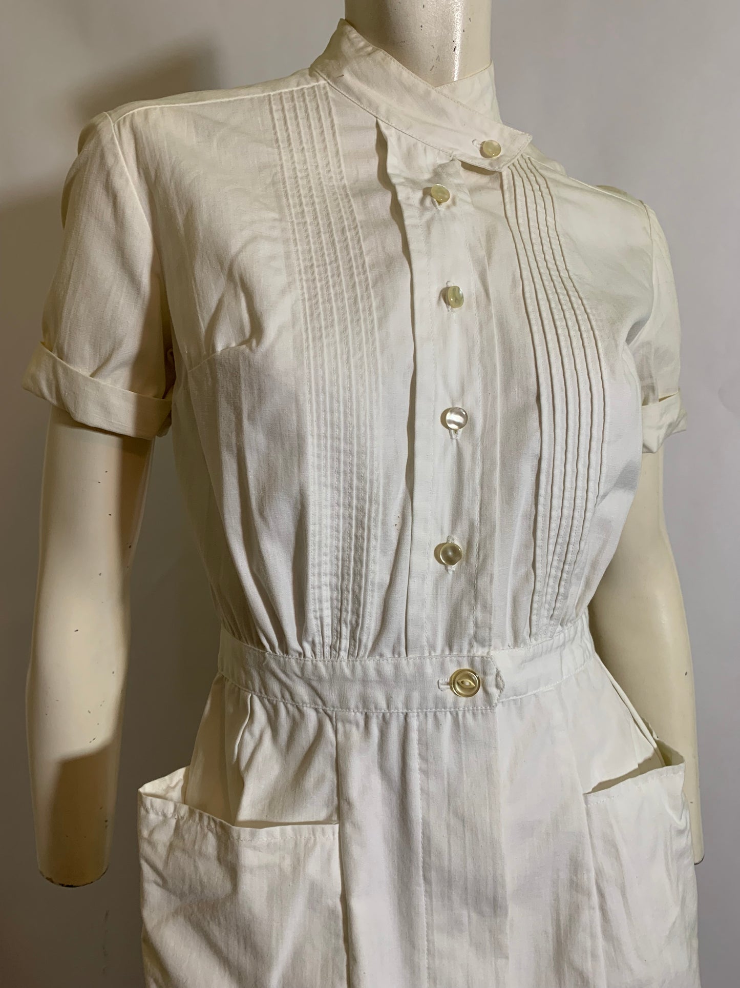 White Poplin Button Front Short Sleeved Nurse Uniform circa 1960s