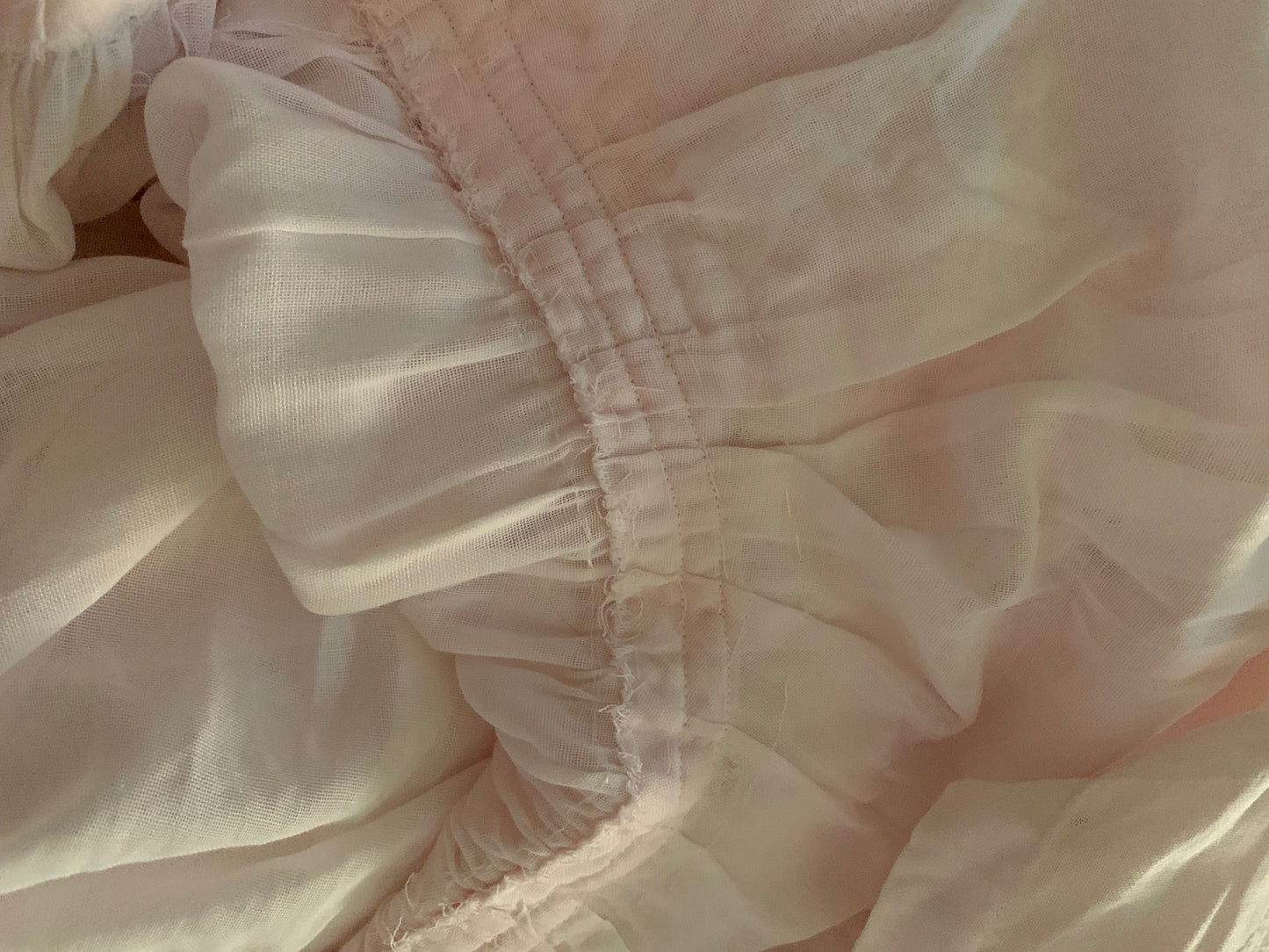 Palest Petal Pink Semi-Sheer Pink Cotton Edwardian Dress with Rosettes and Ribbon circa 1910s