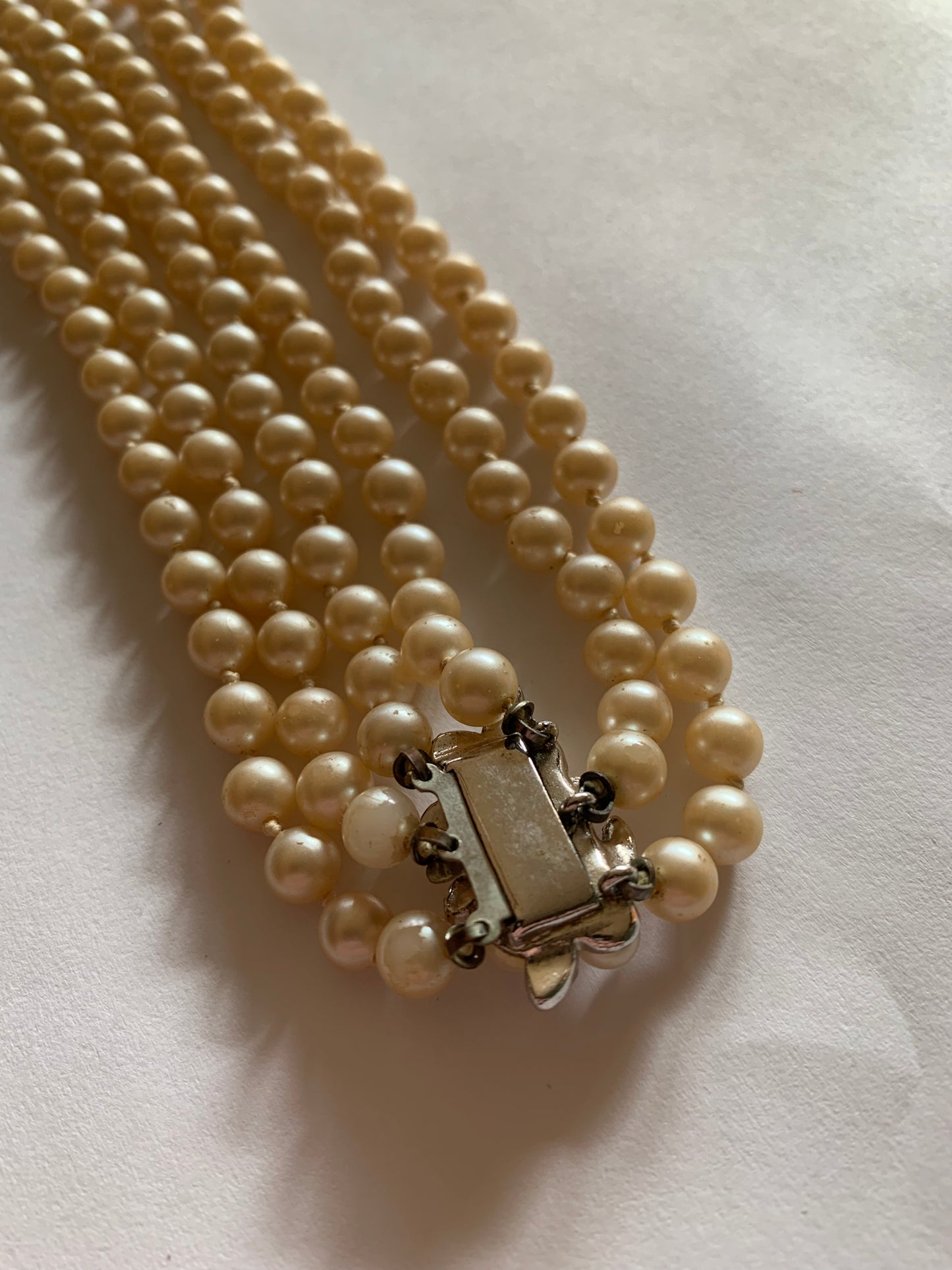 Triple Strand Faux Pearl Necklace with Rhinestones circa 1930s