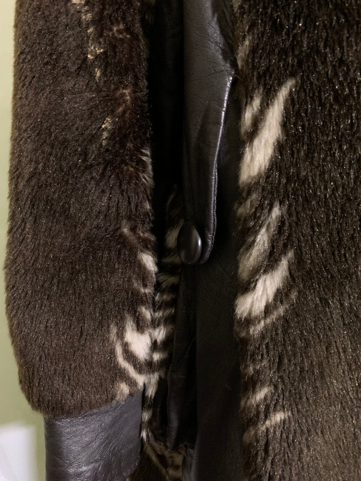 Funky Deep Brown Zebra Stripe Faux Fur Coat Pleather Accents circa 1970s