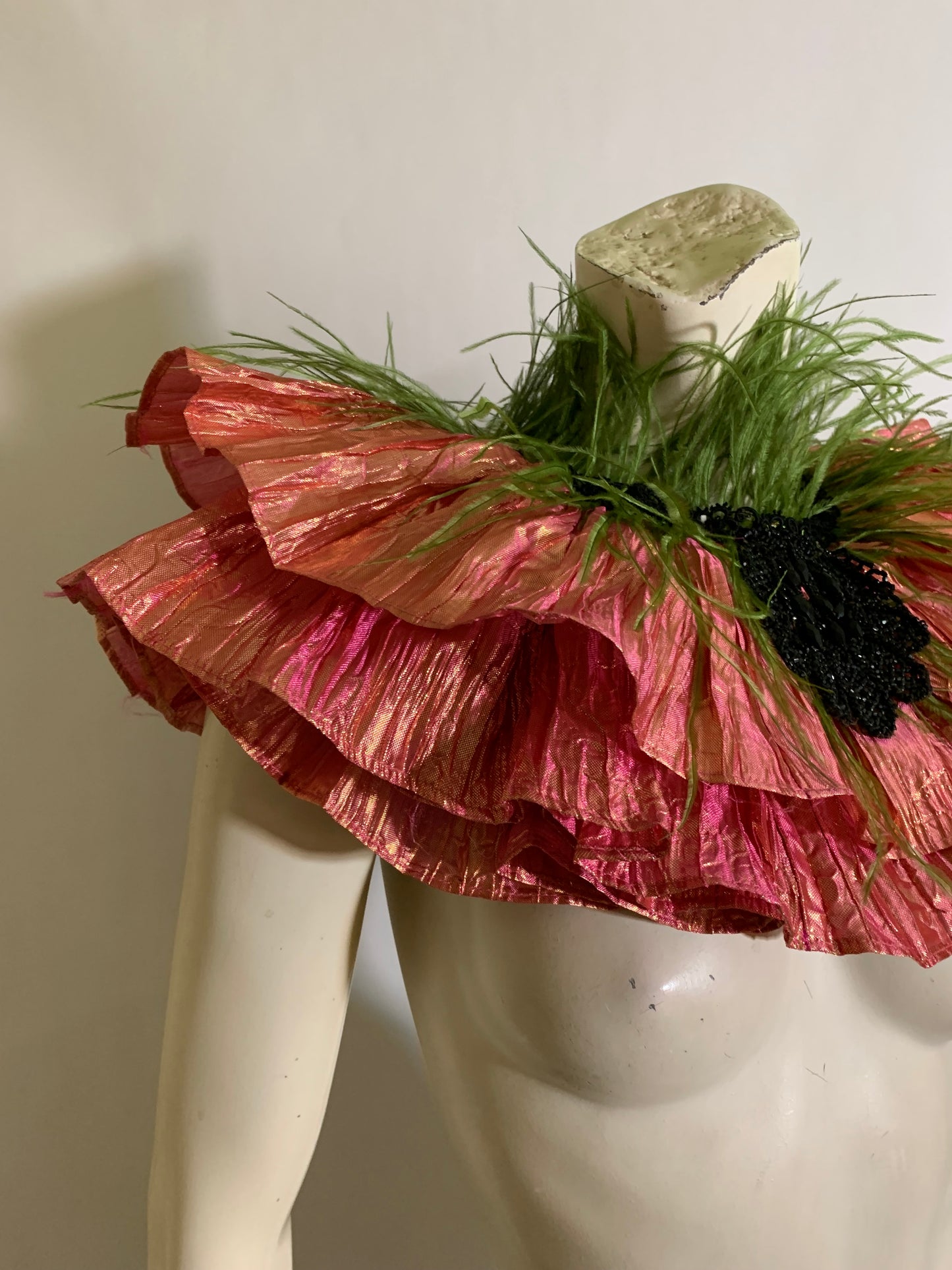 Ruffed Up- the Reimagined Pleated Iridescent Coral Ruffled Collar with Beads and Feathers